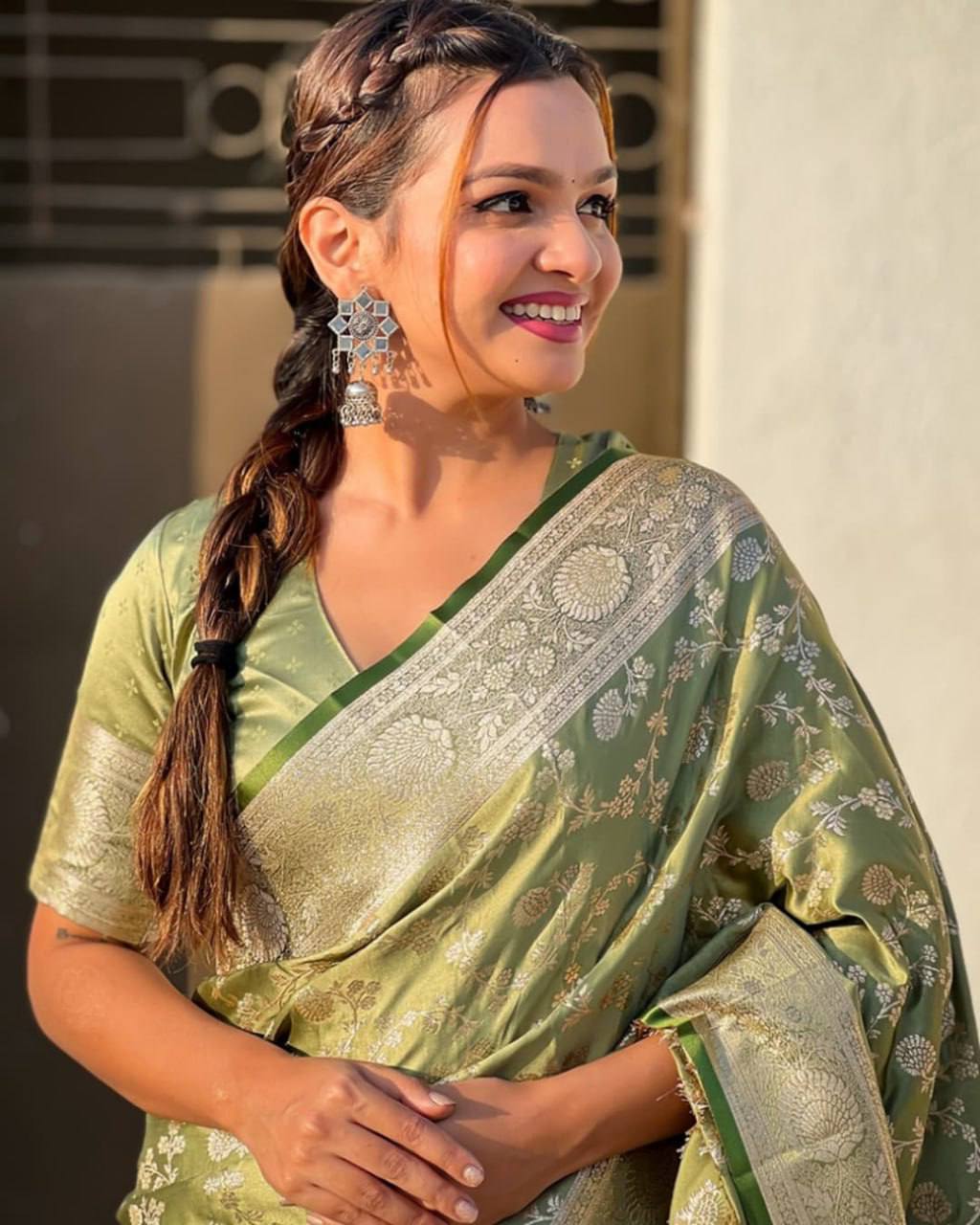 Camo Green Traditional Lichi Silk Saree