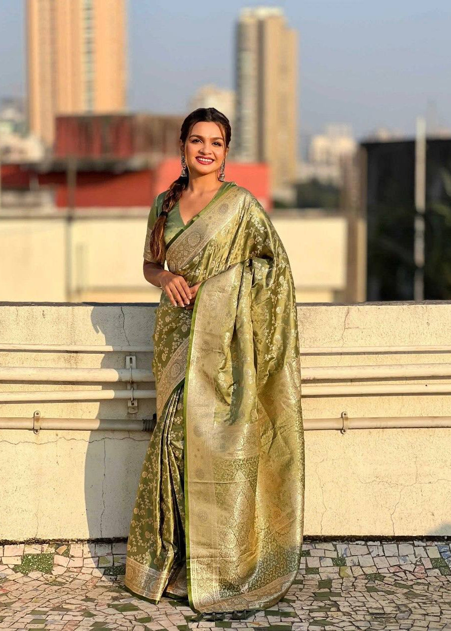Camo Green Traditional Lichi Silk Saree