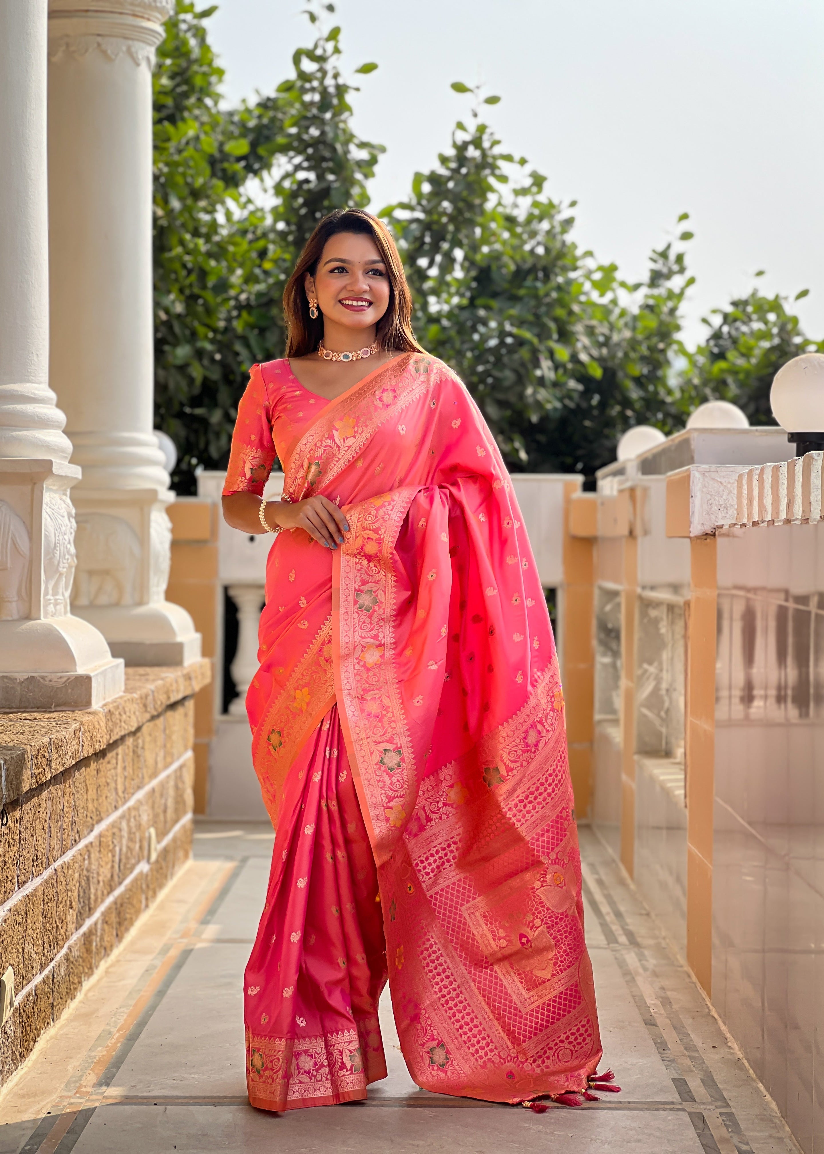 Carrot Pink Soft Banarasi Silk Saree