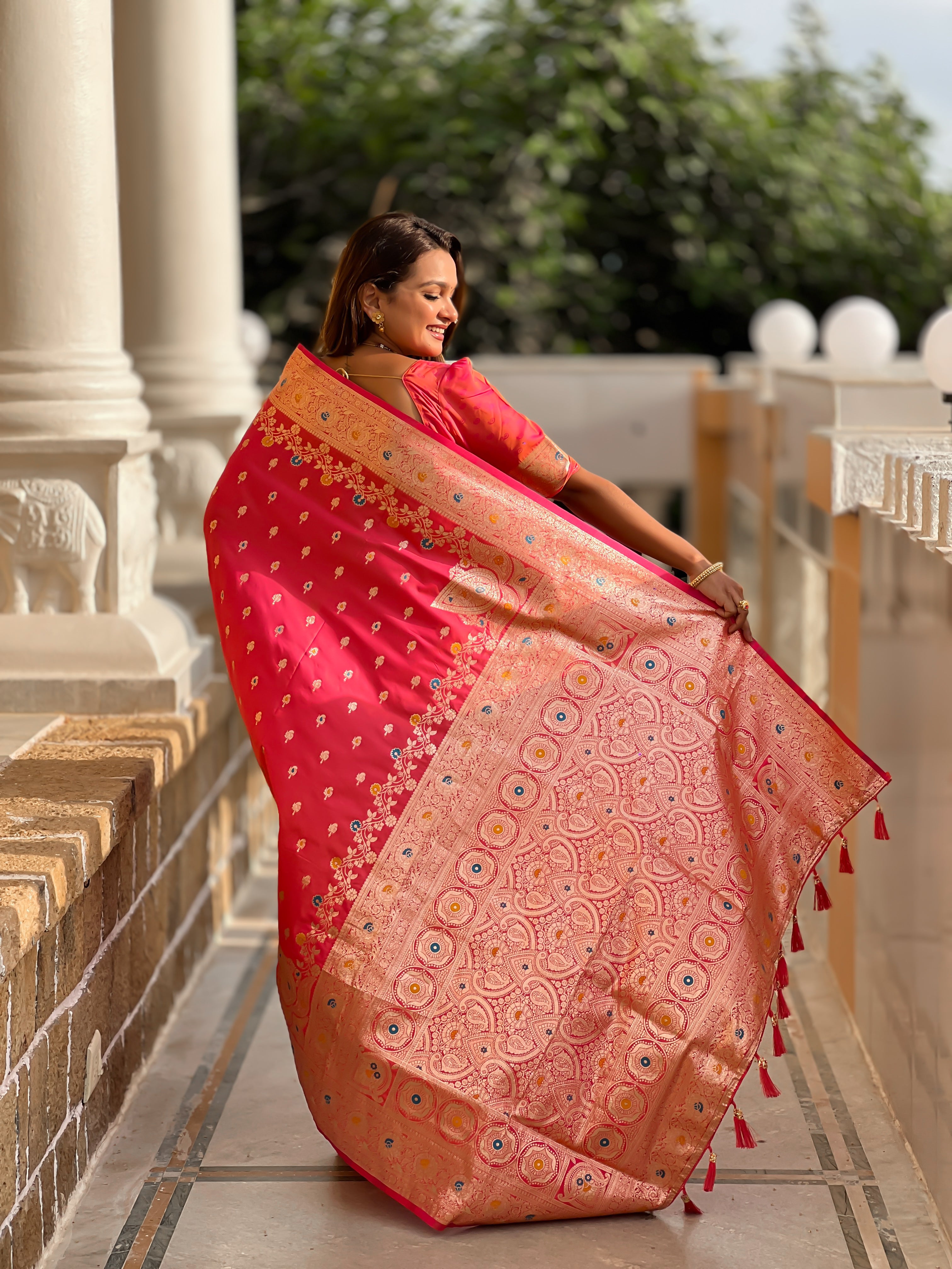 Carrot Pink Soft Banarasi Silk Saree