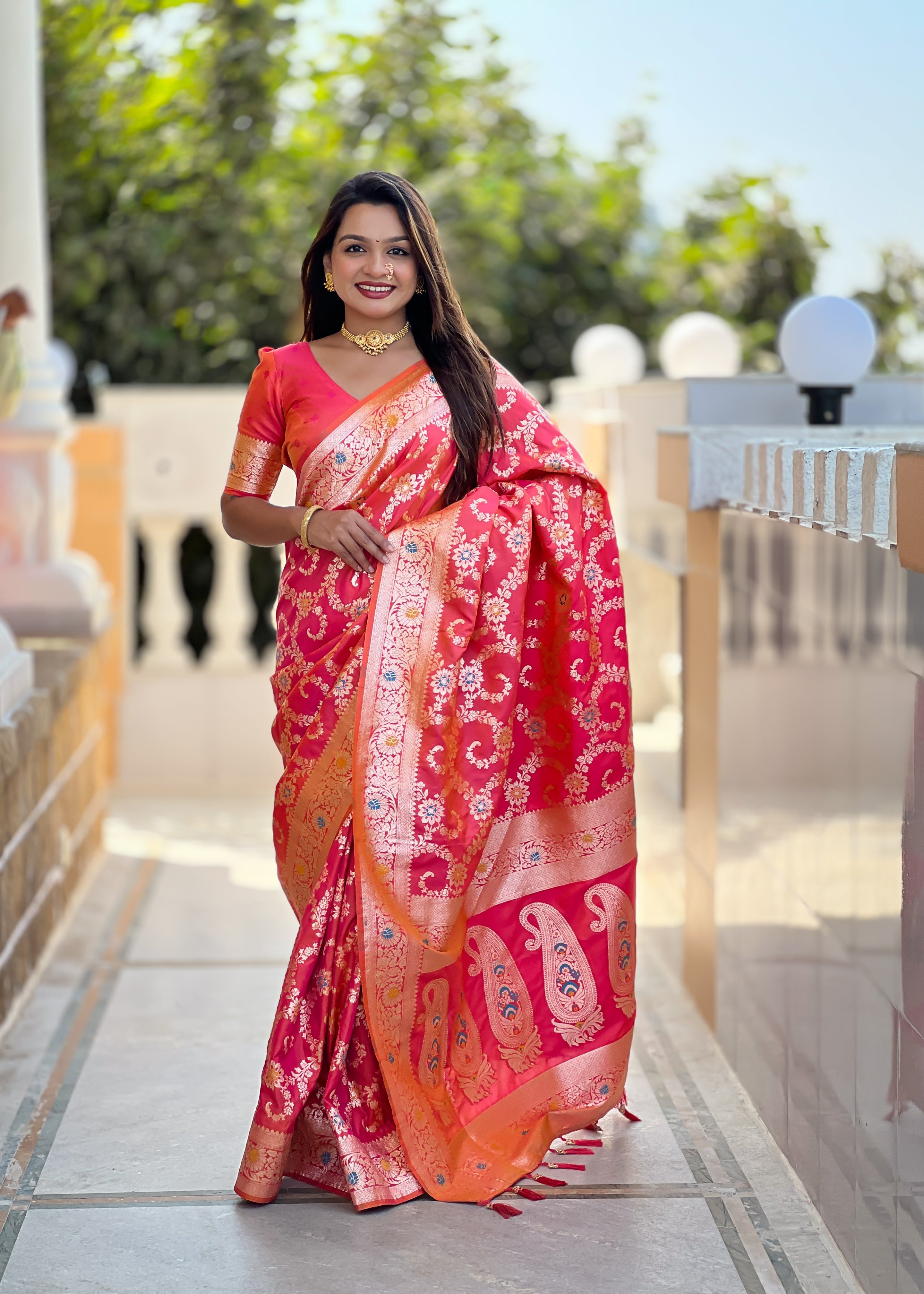 Carrot Pink Soft Banarasi Silk Saree