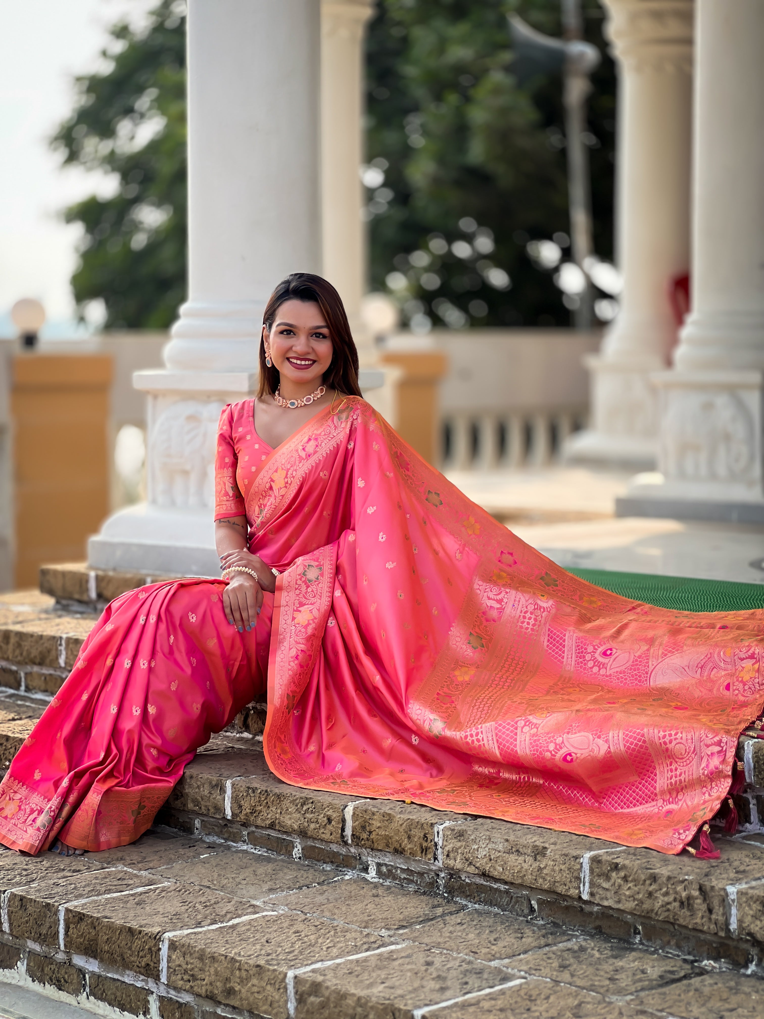Carrot Pink Soft Banarasi Silk Saree