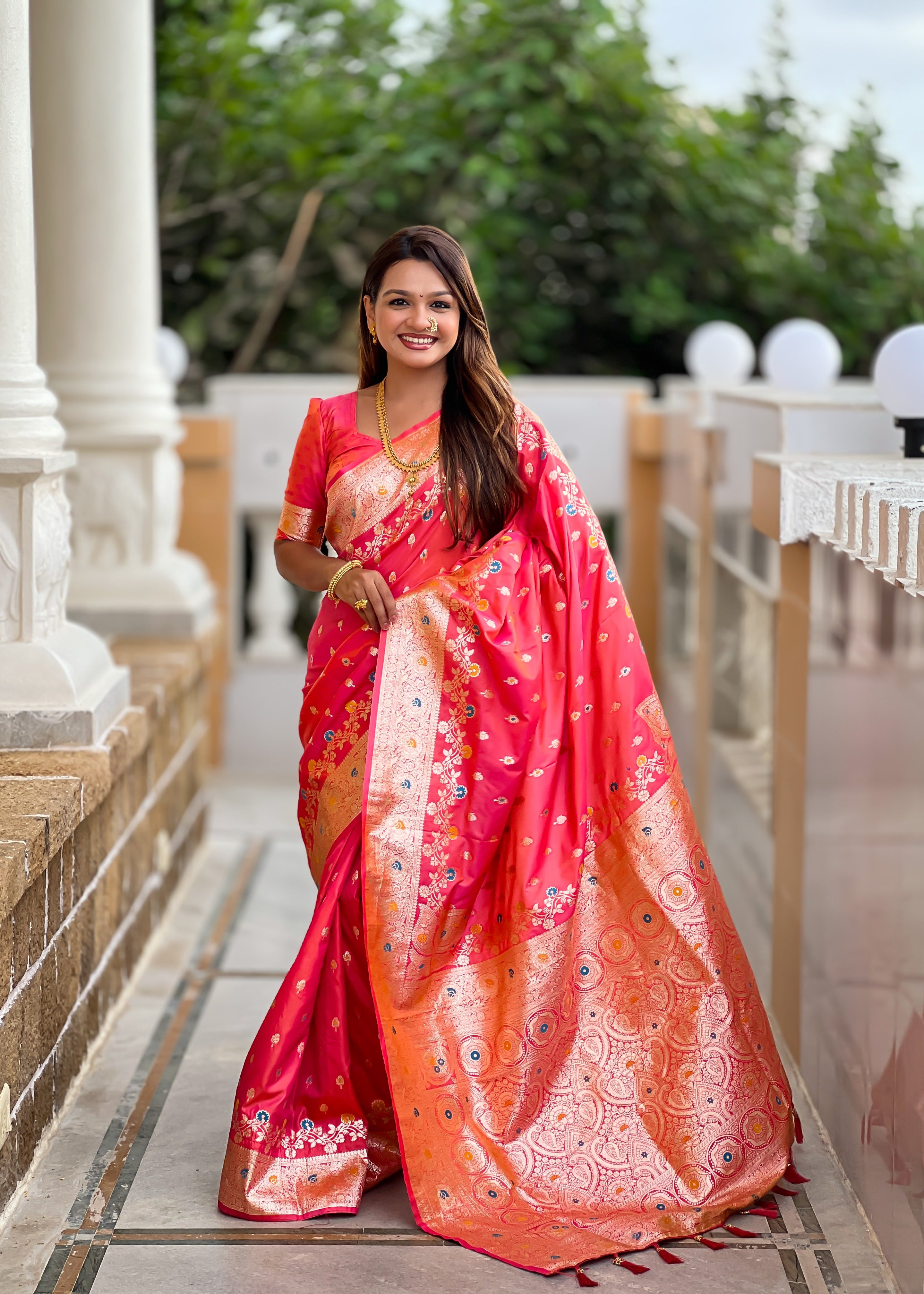 Carrot Pink Soft Banarasi Silk Saree