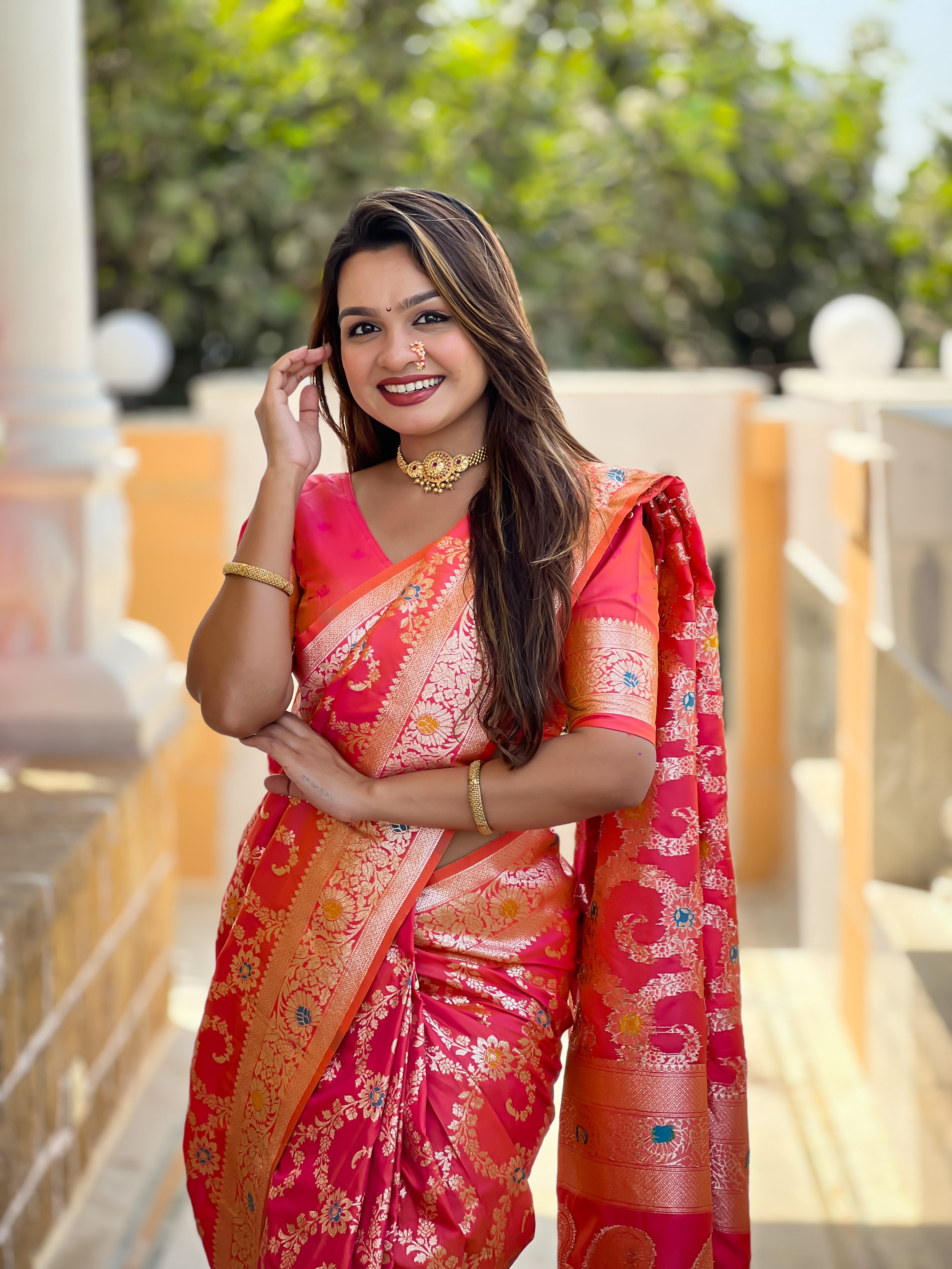Carrot Pink Soft Banarasi Silk Saree