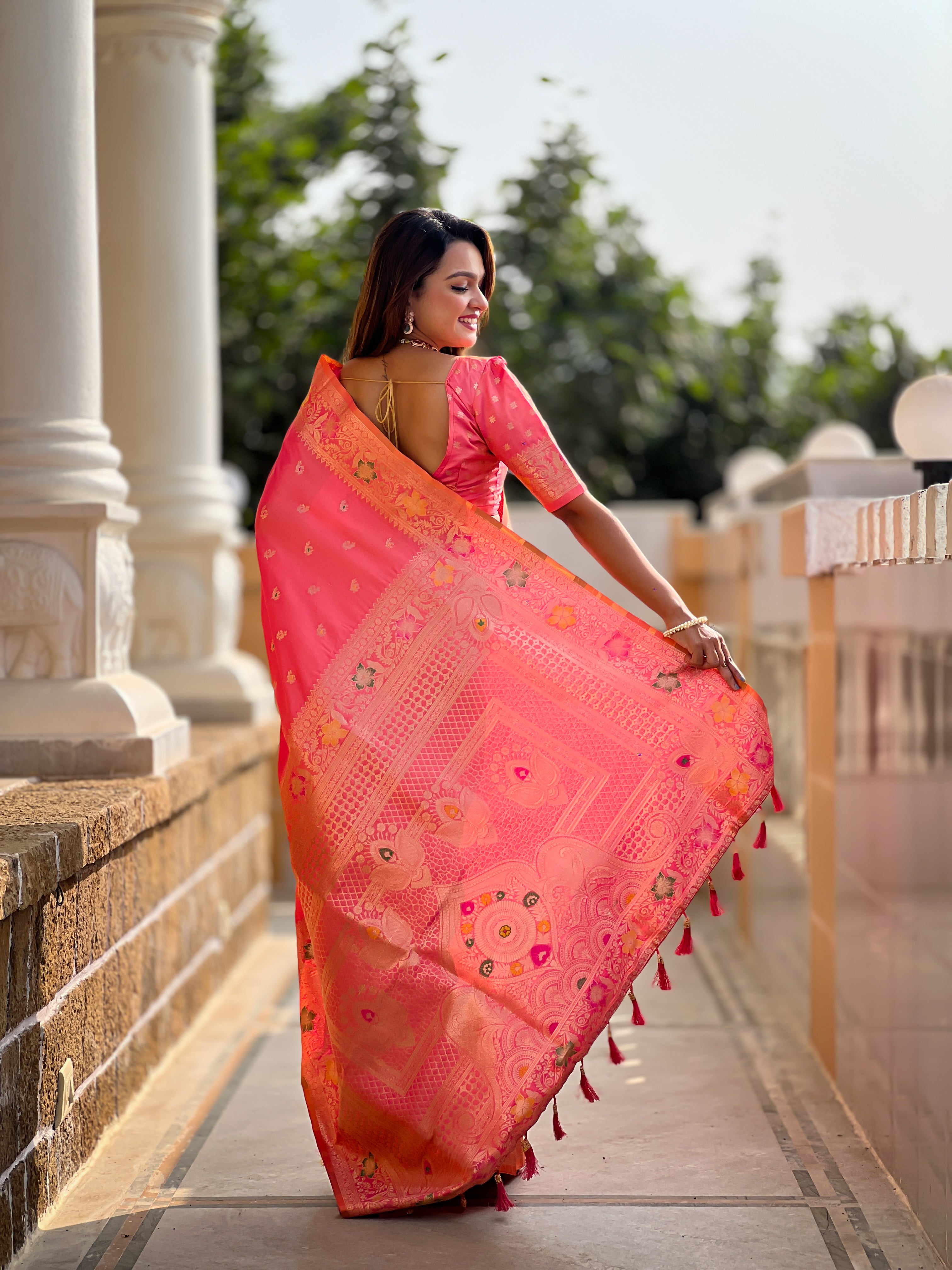 Carrot Pink Soft Banarasi Silk Saree