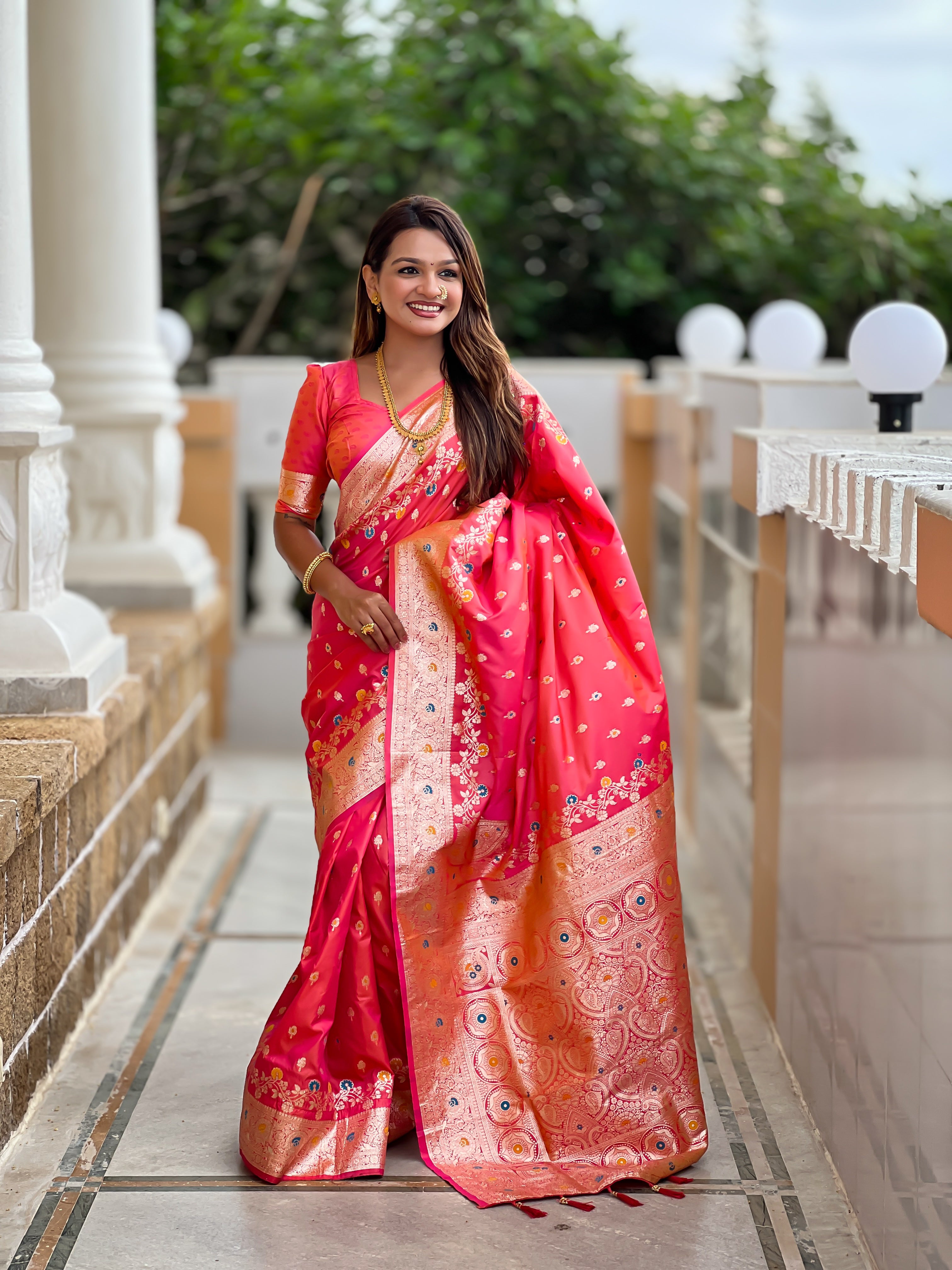 Carrot Pink Soft Banarasi Silk Saree