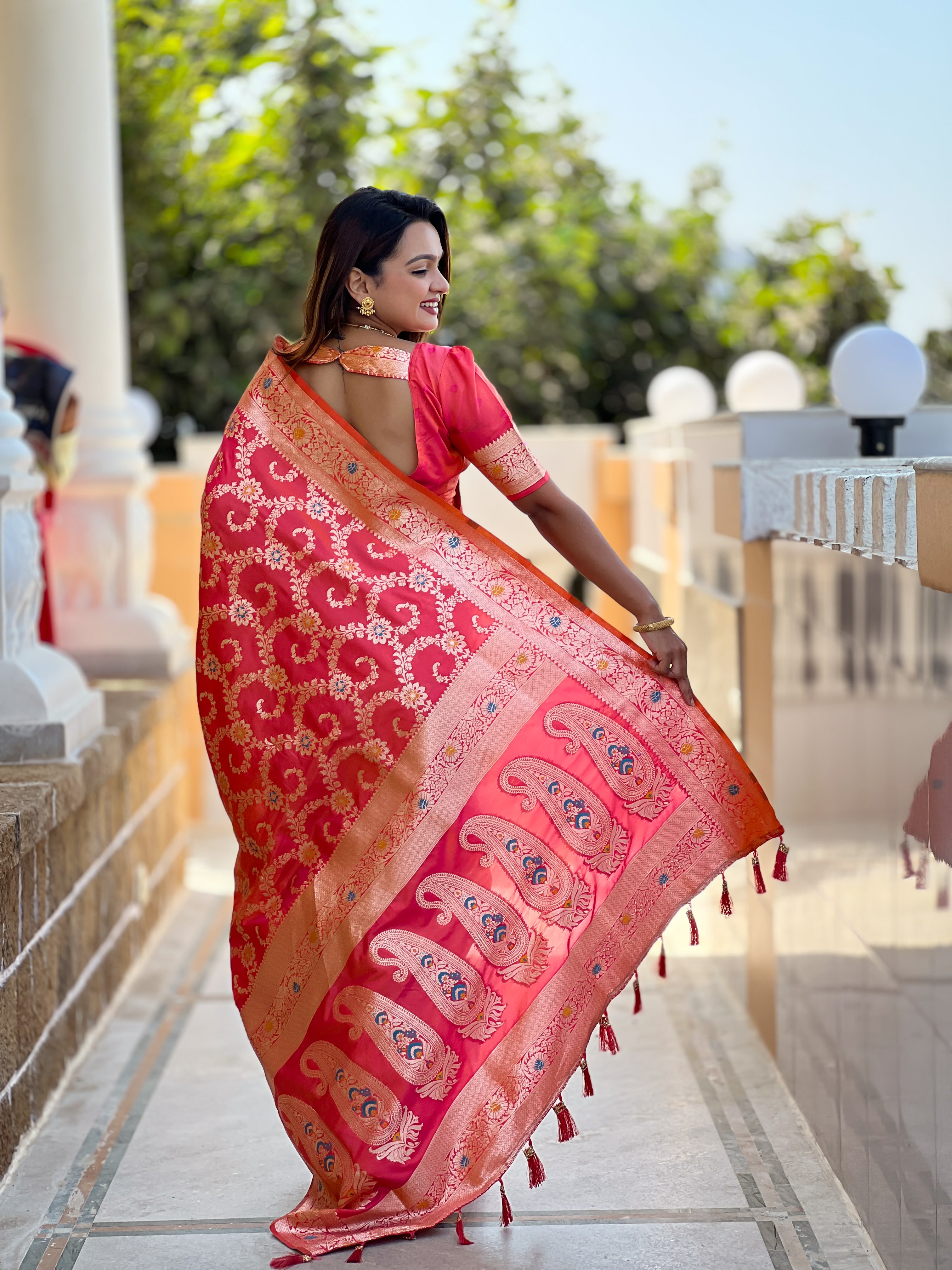 Carrot Pink Soft Banarasi Silk Saree