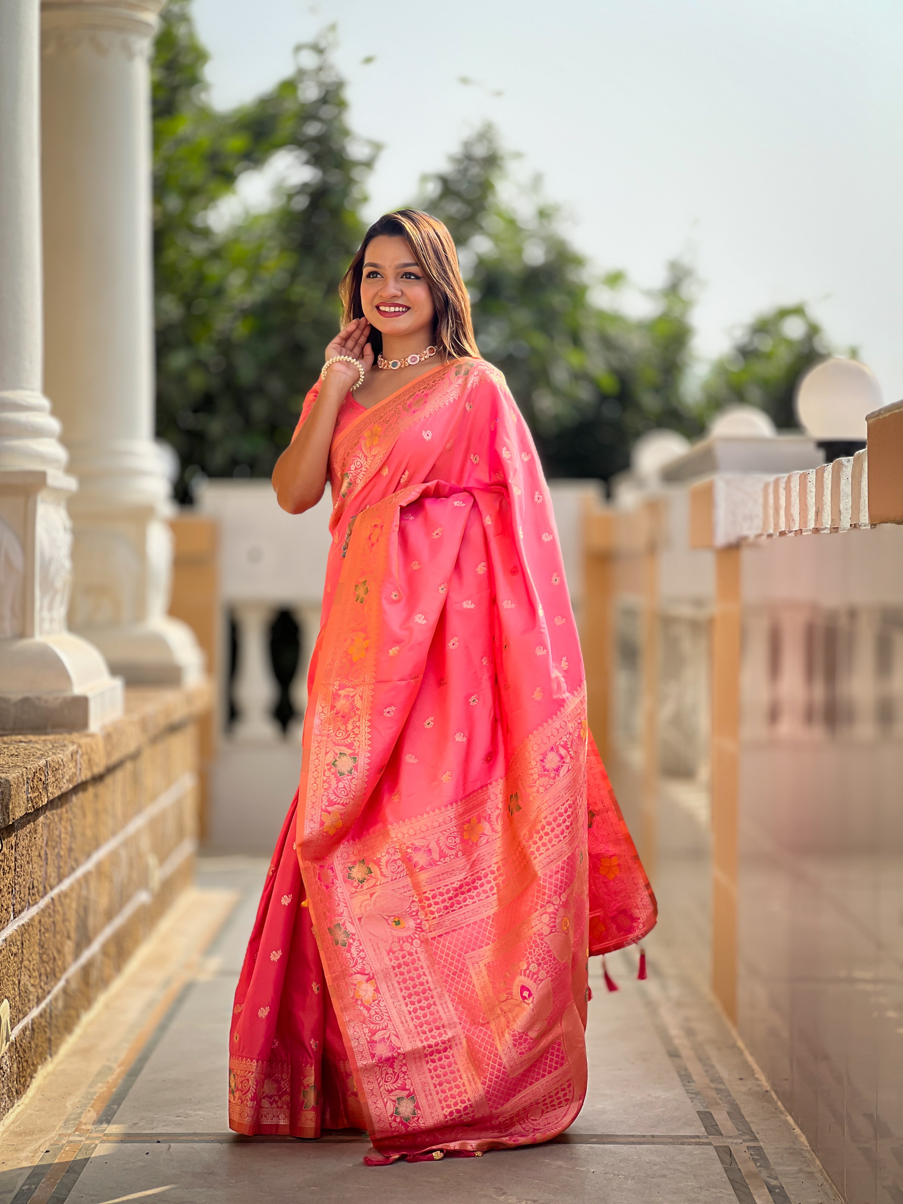 Carrot Pink Soft Banarasi Silk Saree