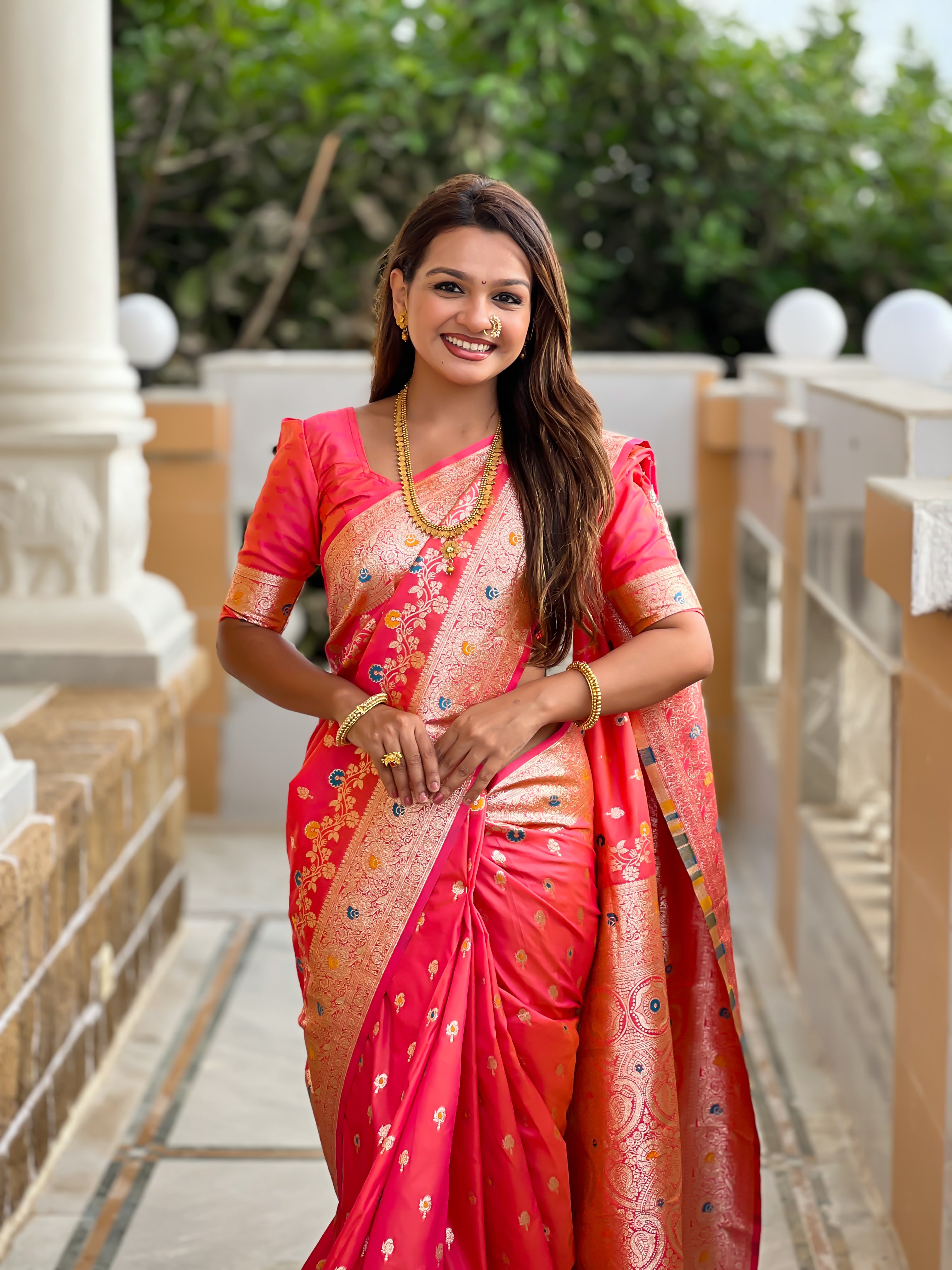 Carrot Pink Soft Banarasi Silk Saree