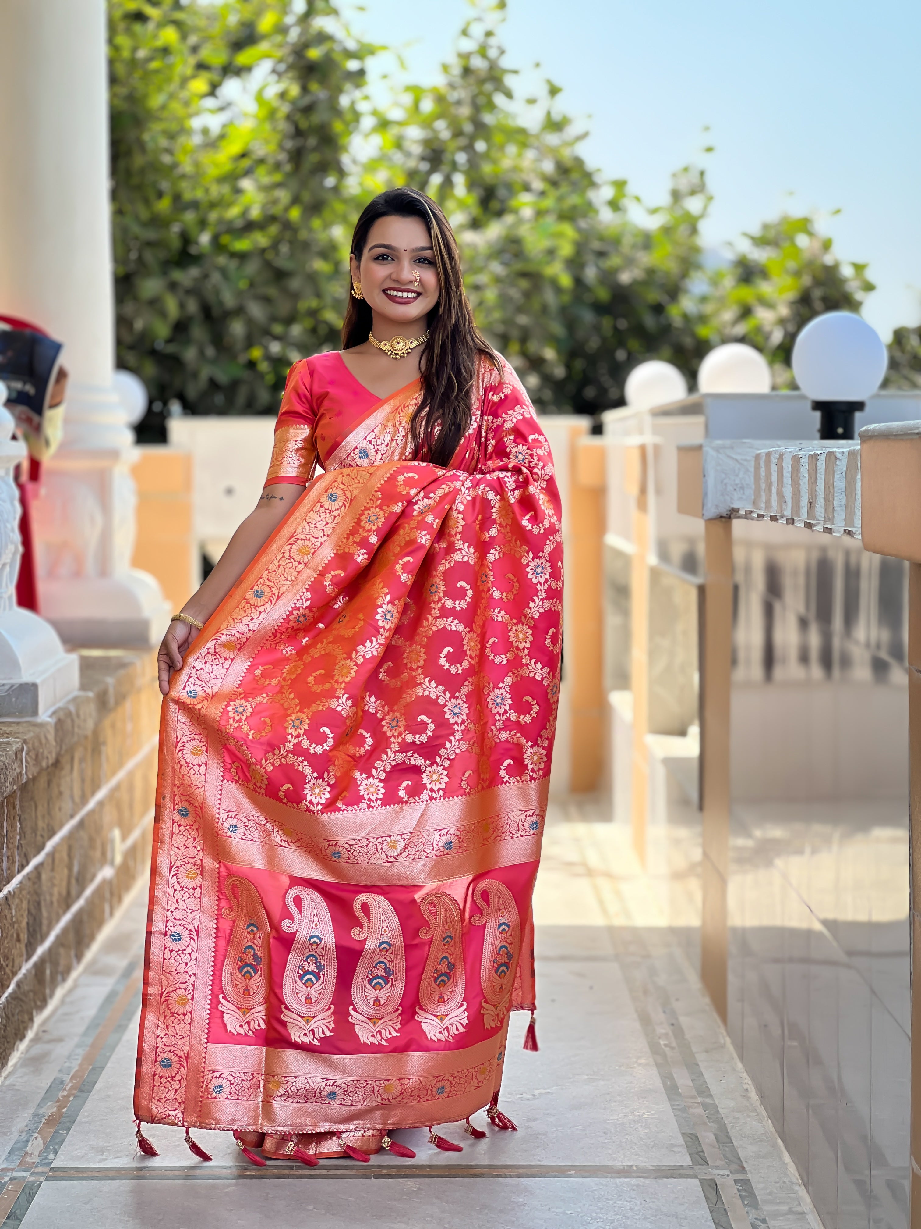 Carrot Pink Soft Banarasi Silk Saree