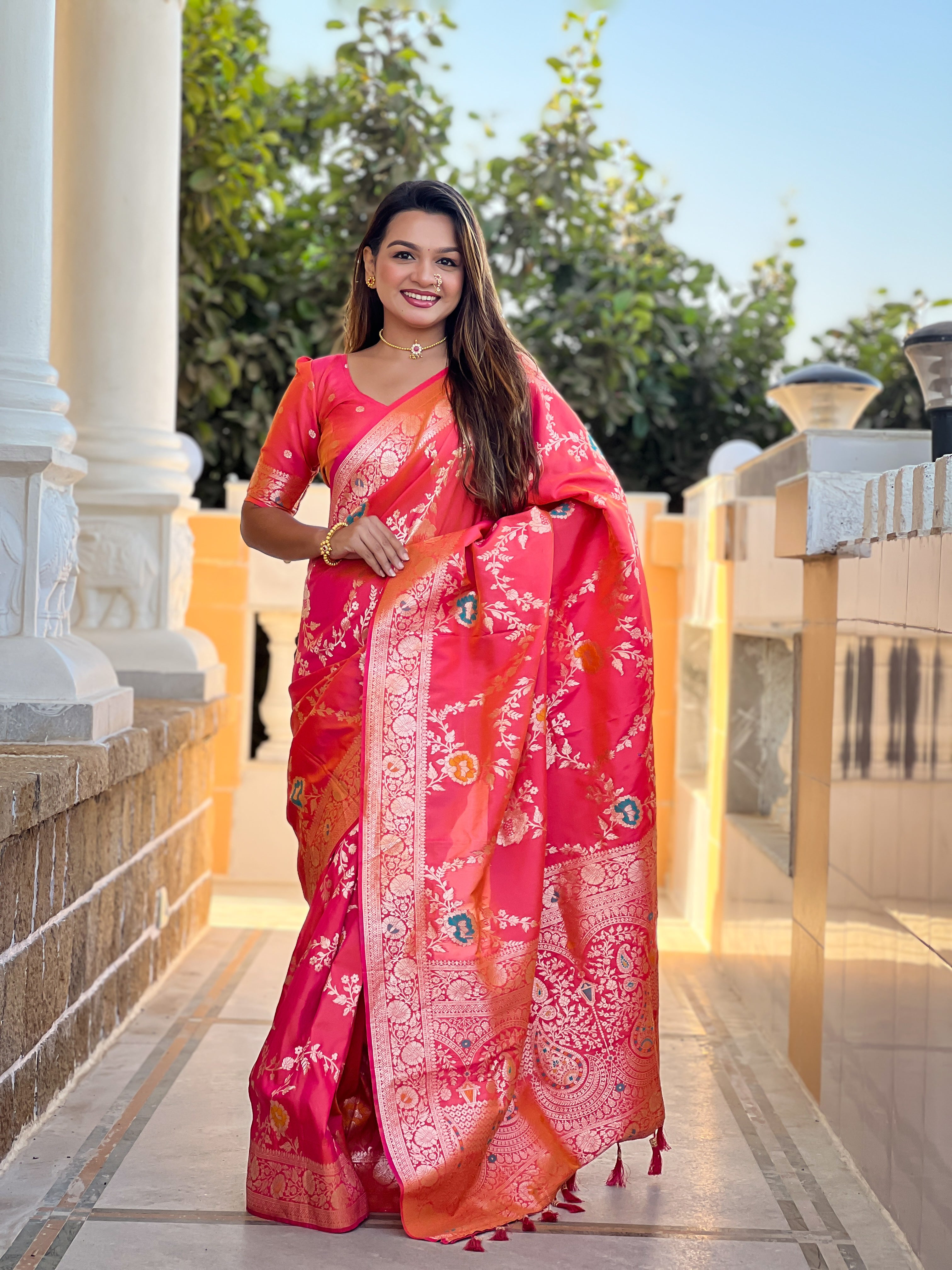 Carrot Pink Wedding Wear Soft Banarasi Silk Saree