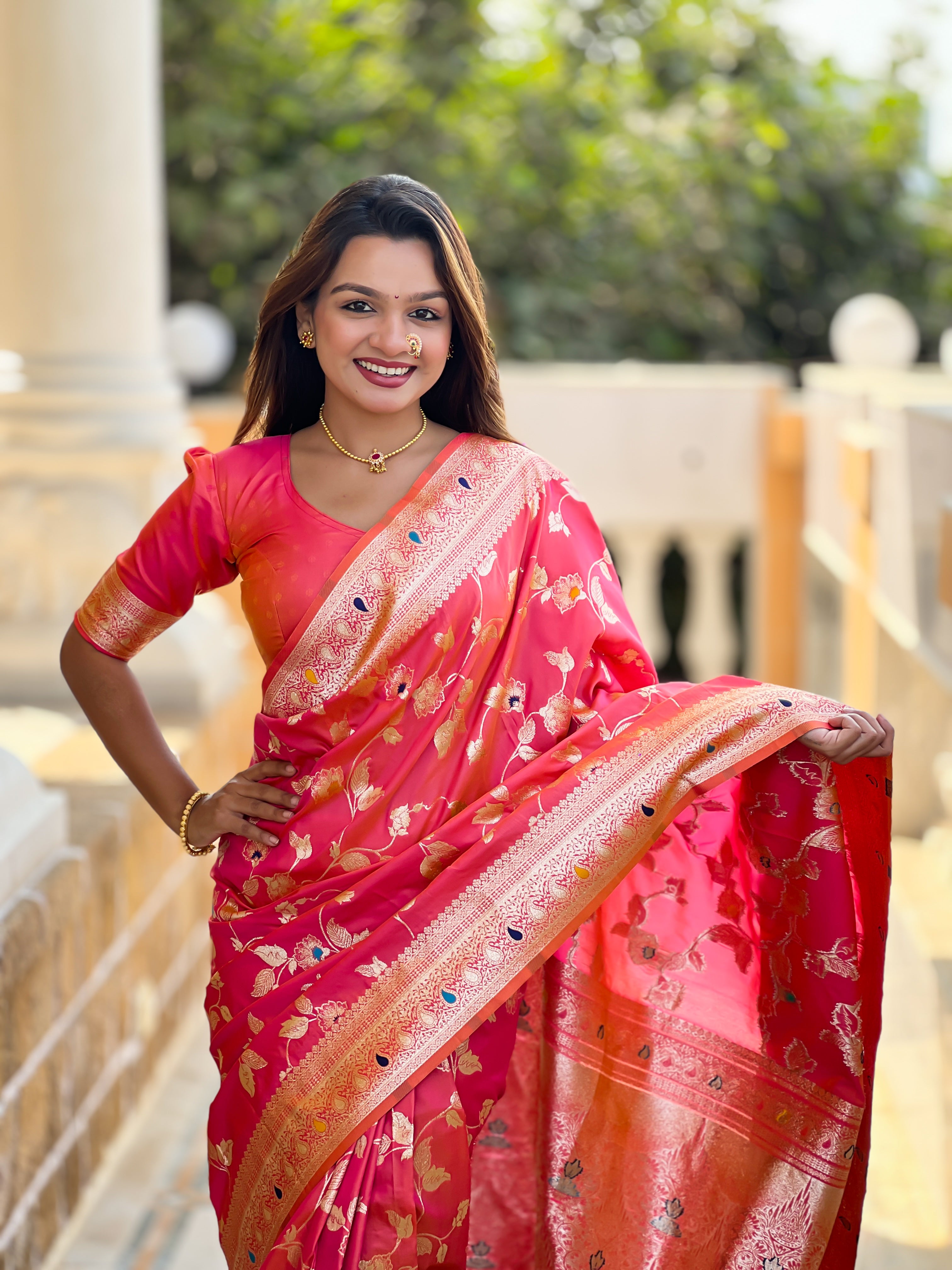 Carrot Pink Wedding Wear Soft Banarasi Silk Saree
