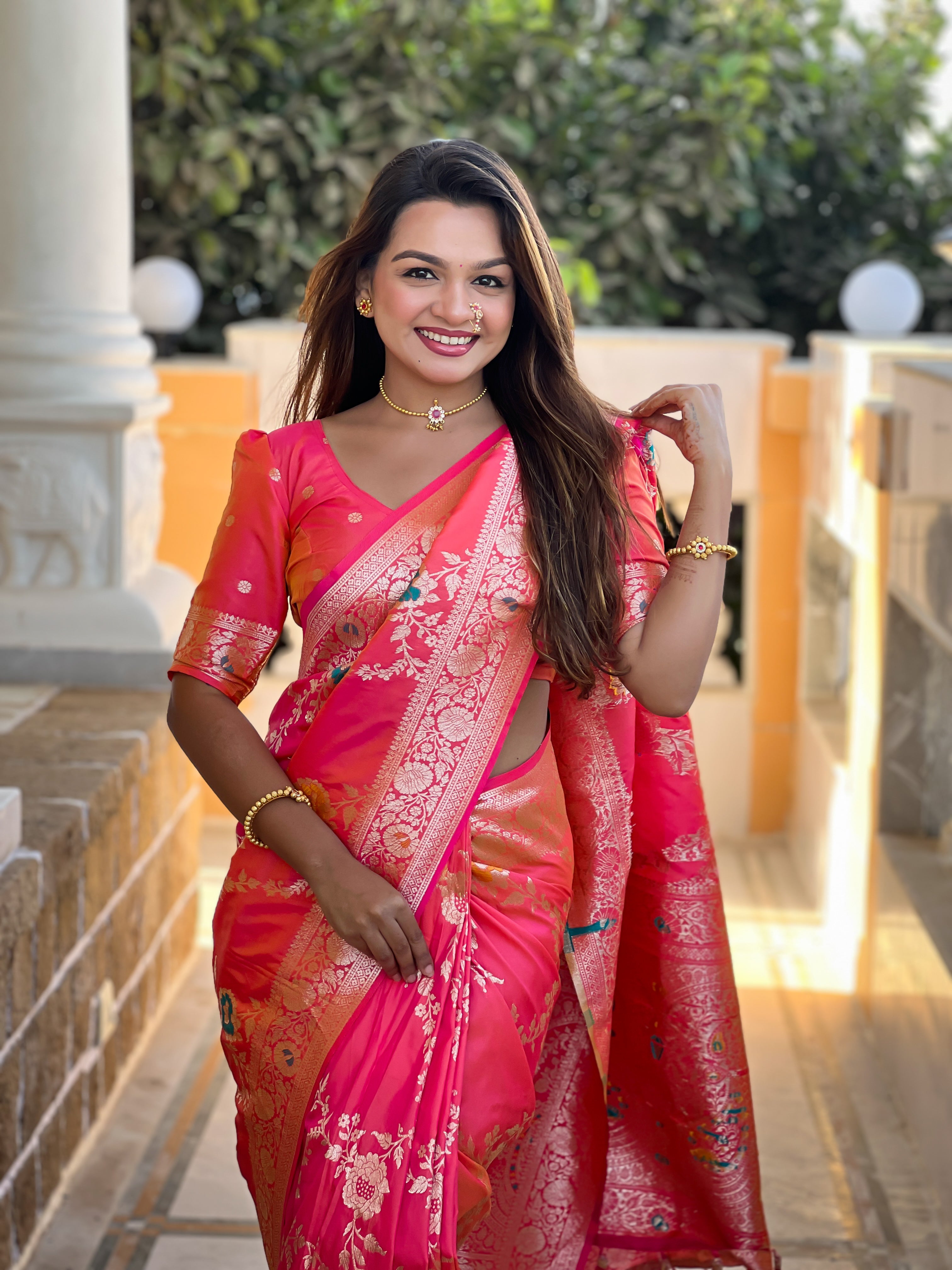 Carrot Pink Wedding Wear Soft Banarasi Silk Saree