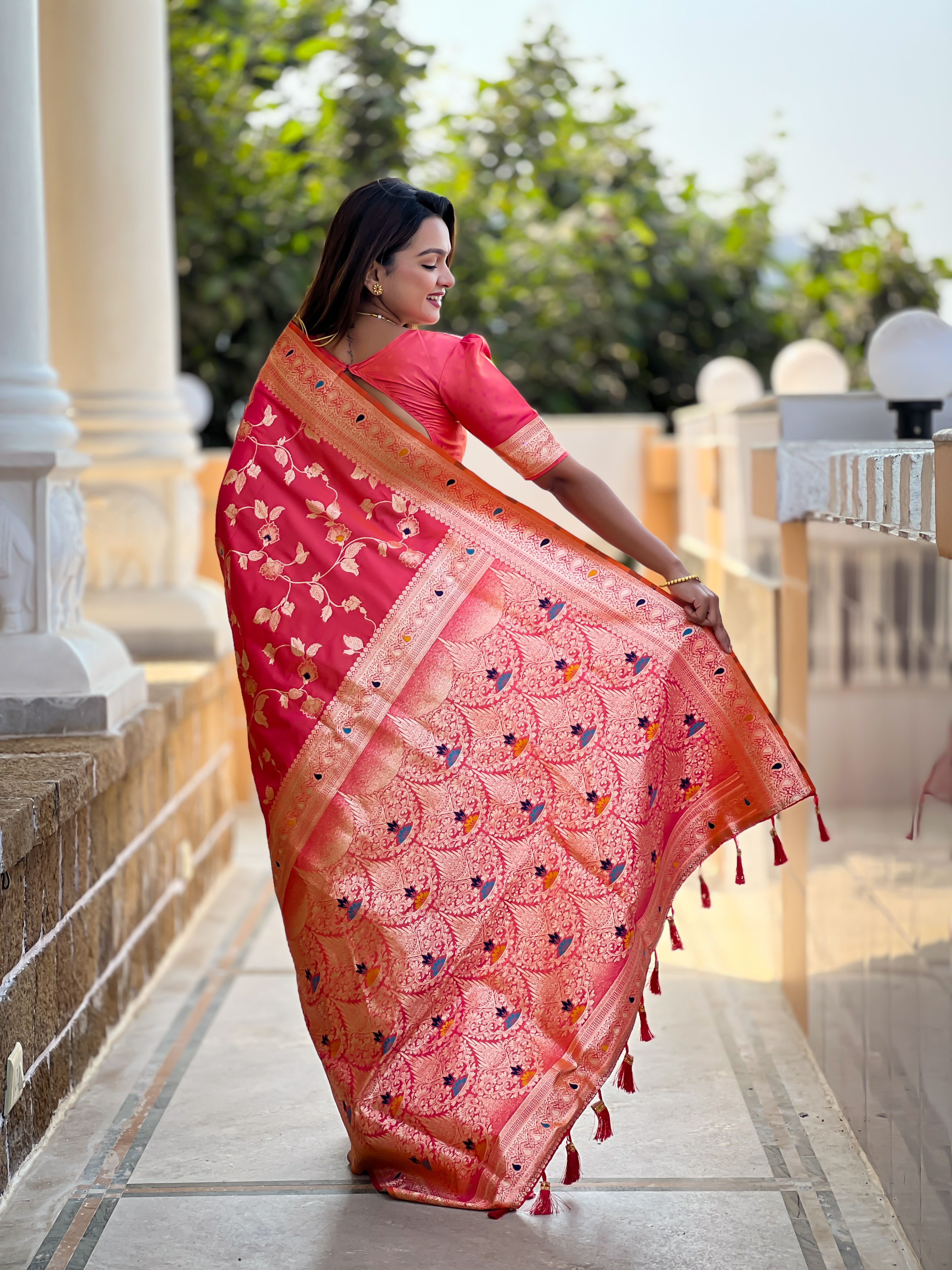 Carrot Pink Wedding Wear Soft Banarasi Silk Saree