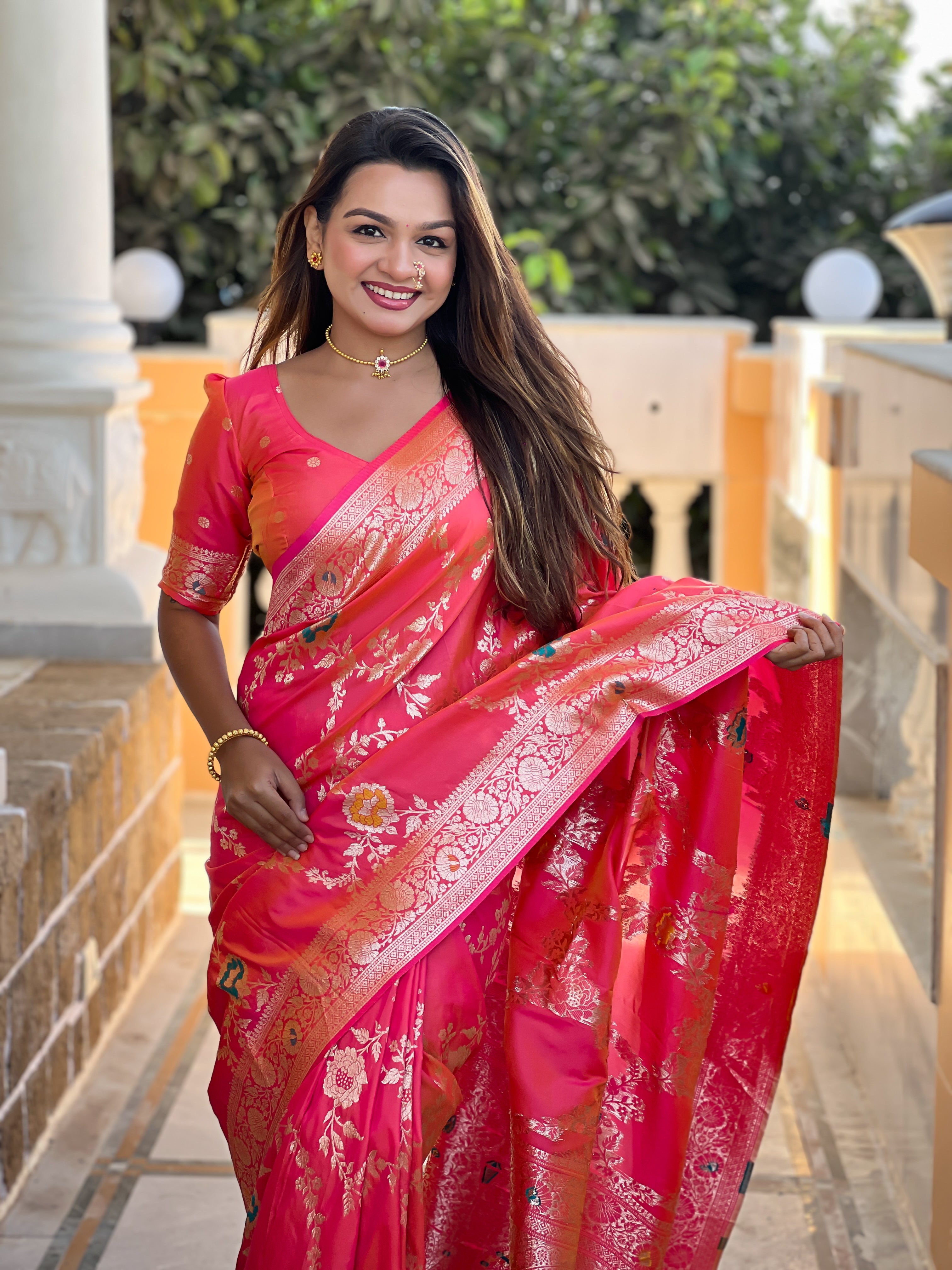 Carrot Pink Wedding Wear Soft Banarasi Silk Saree