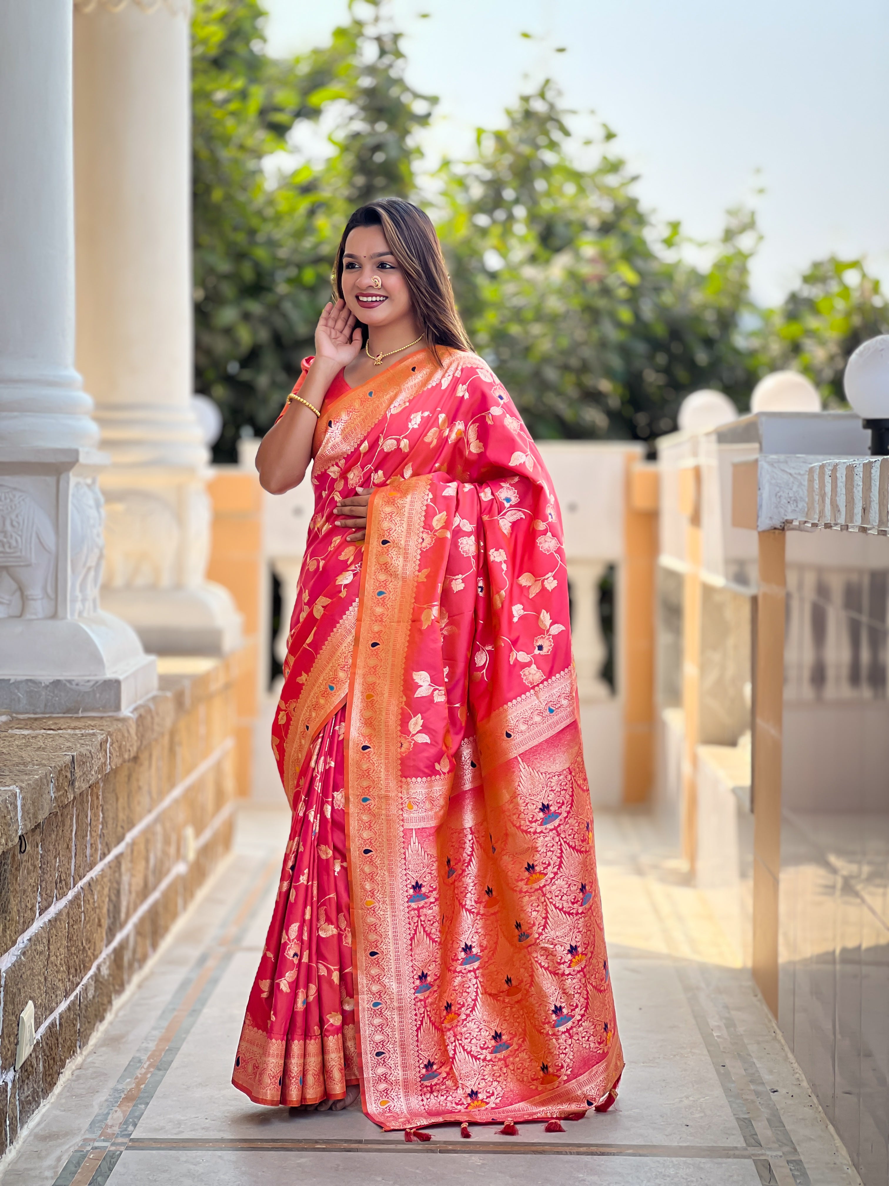 Carrot Pink Wedding Wear Soft Banarasi Silk Saree
