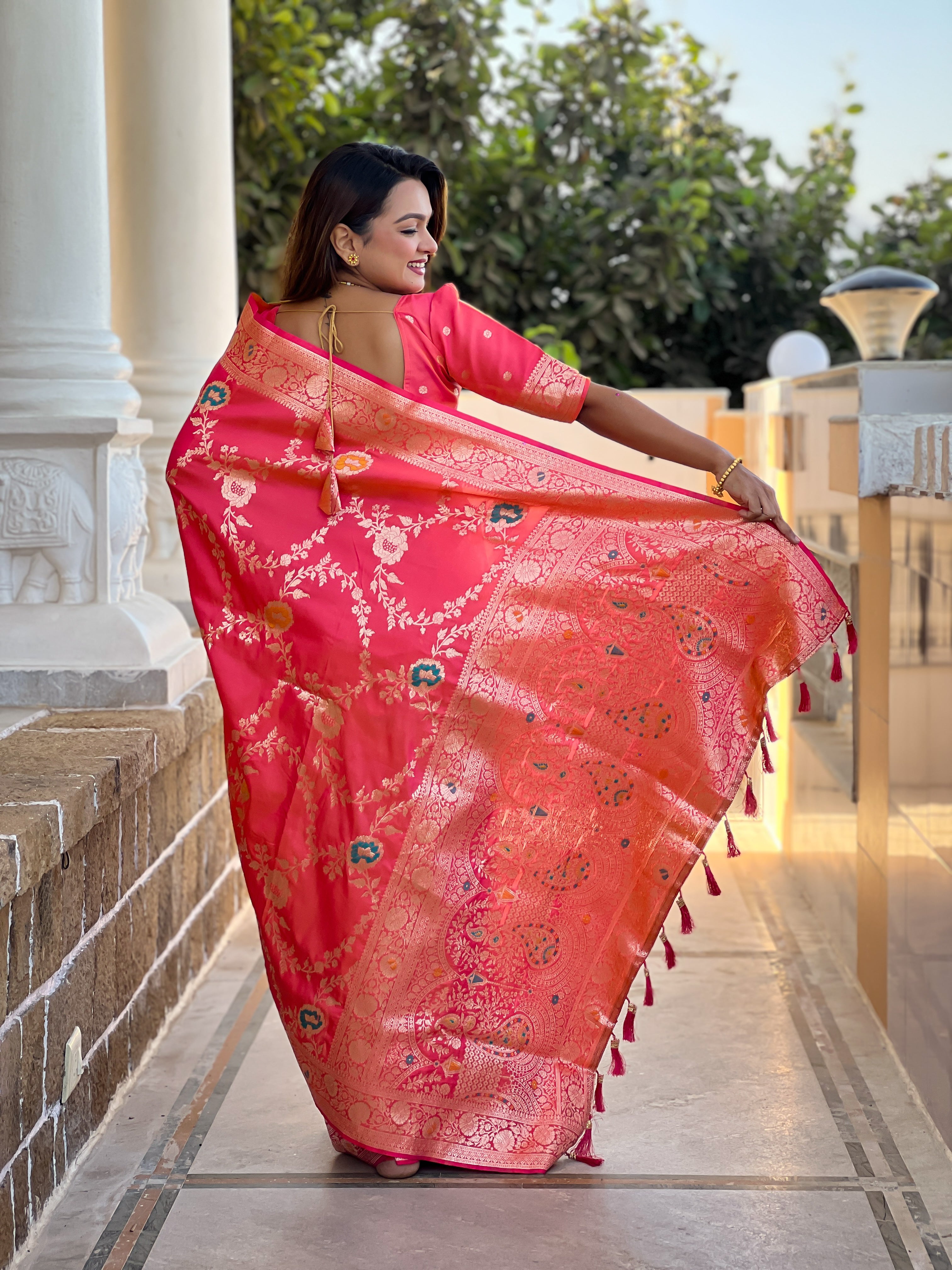 Carrot Pink Wedding Wear Soft Banarasi Silk Saree