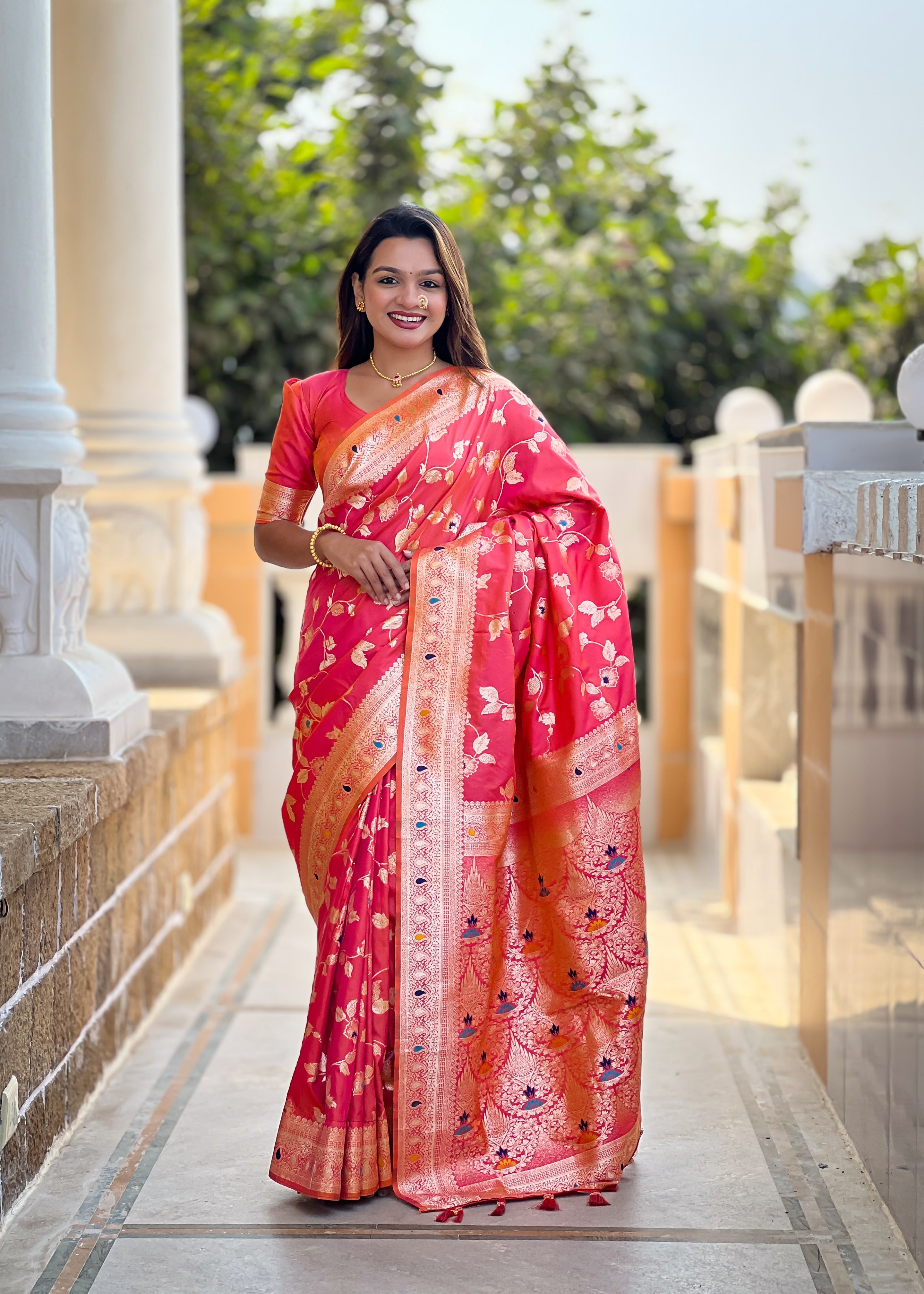 Carrot Pink Wedding Wear Soft Banarasi Silk Saree