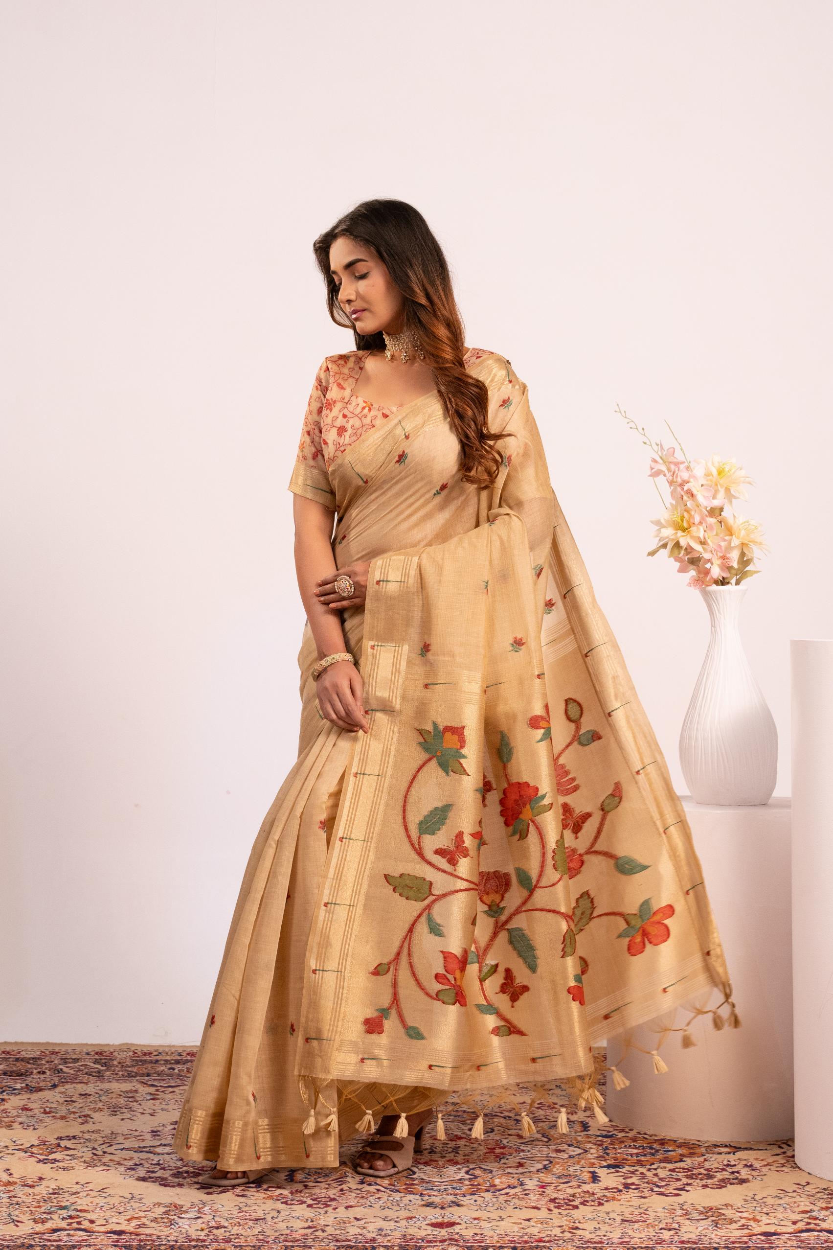 Chiku Muga Cotton Paithani Saree