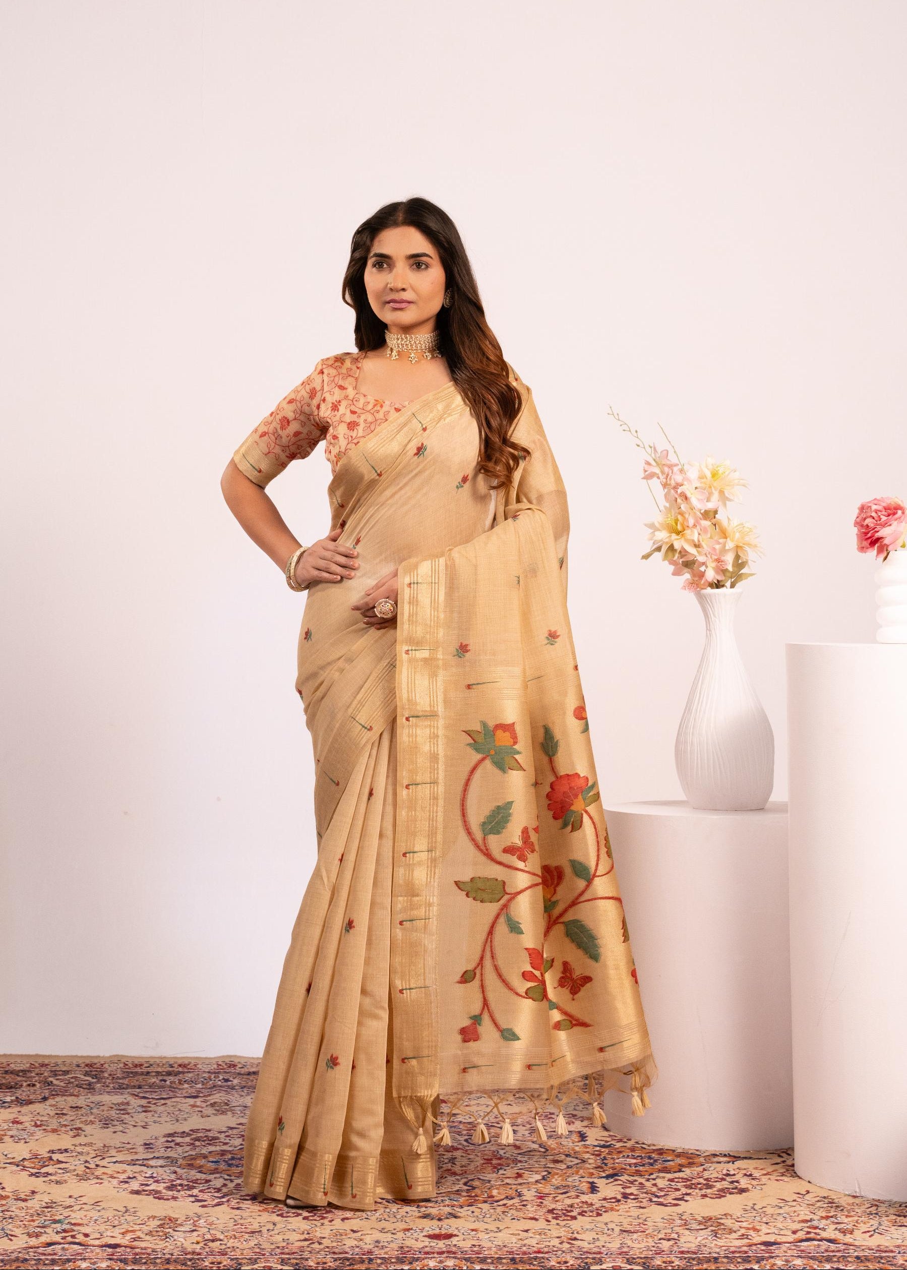 Chiku Muga Cotton Paithani Saree
