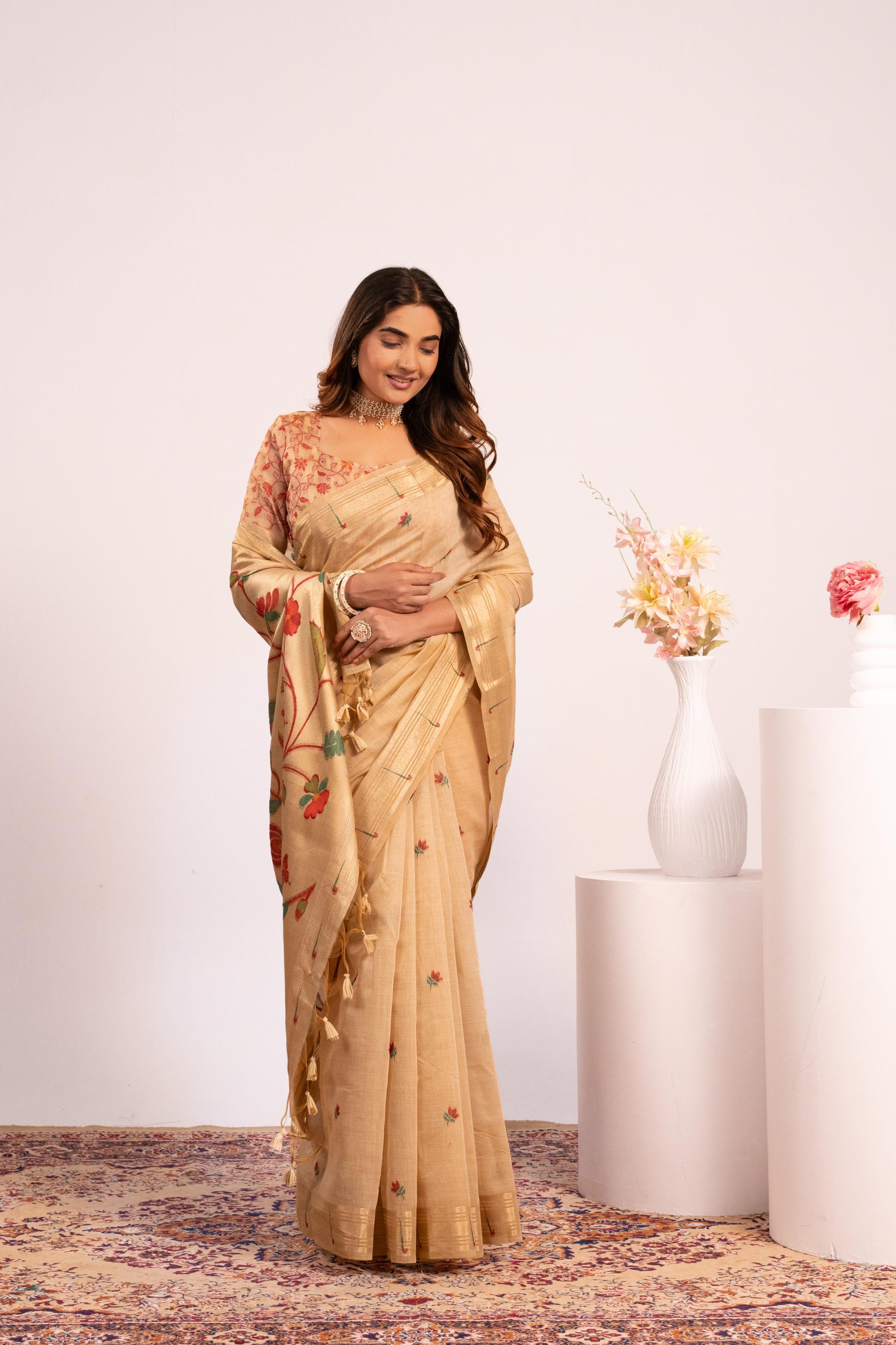 Chiku Muga Cotton Paithani Saree