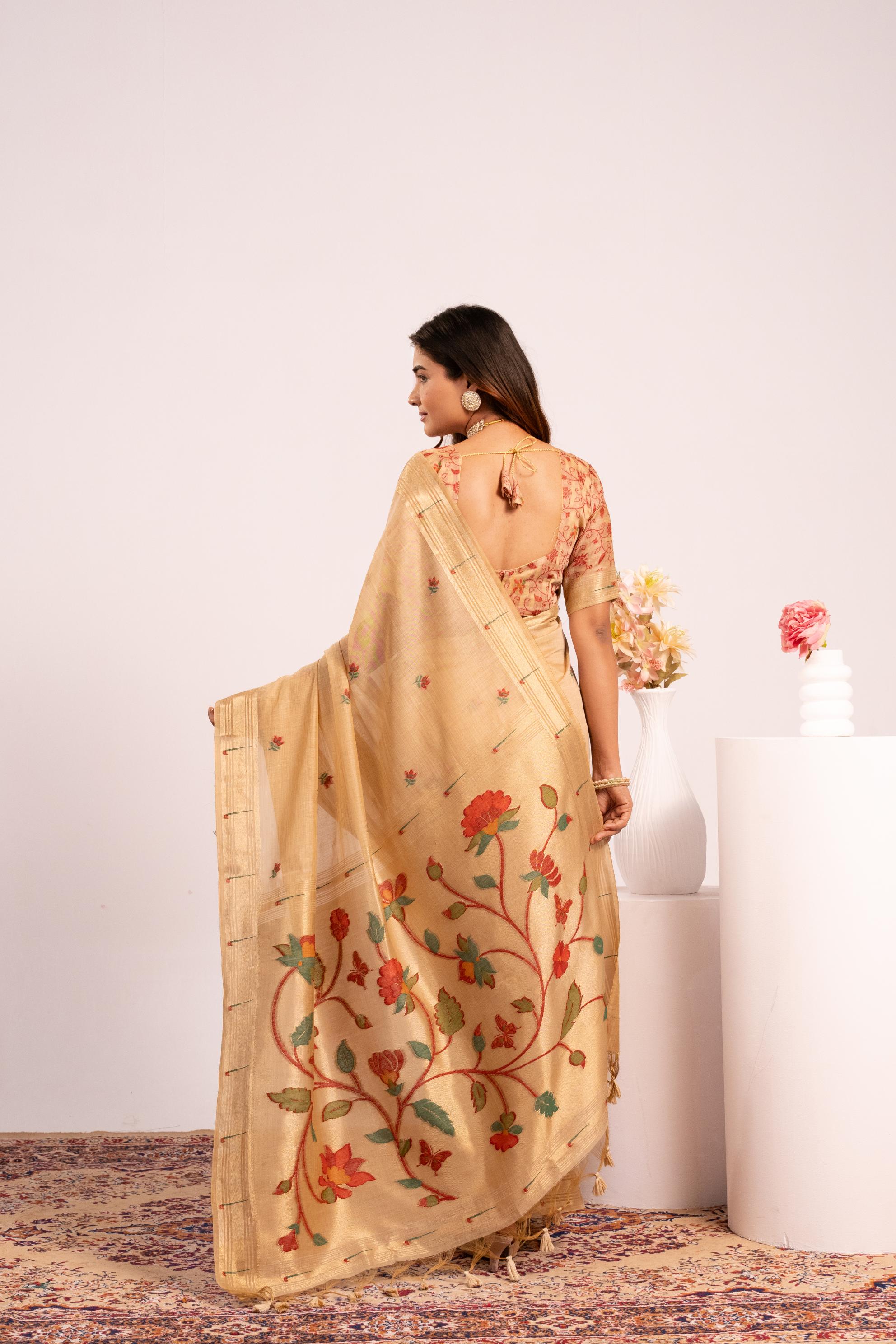 Chiku Muga Cotton Paithani Saree