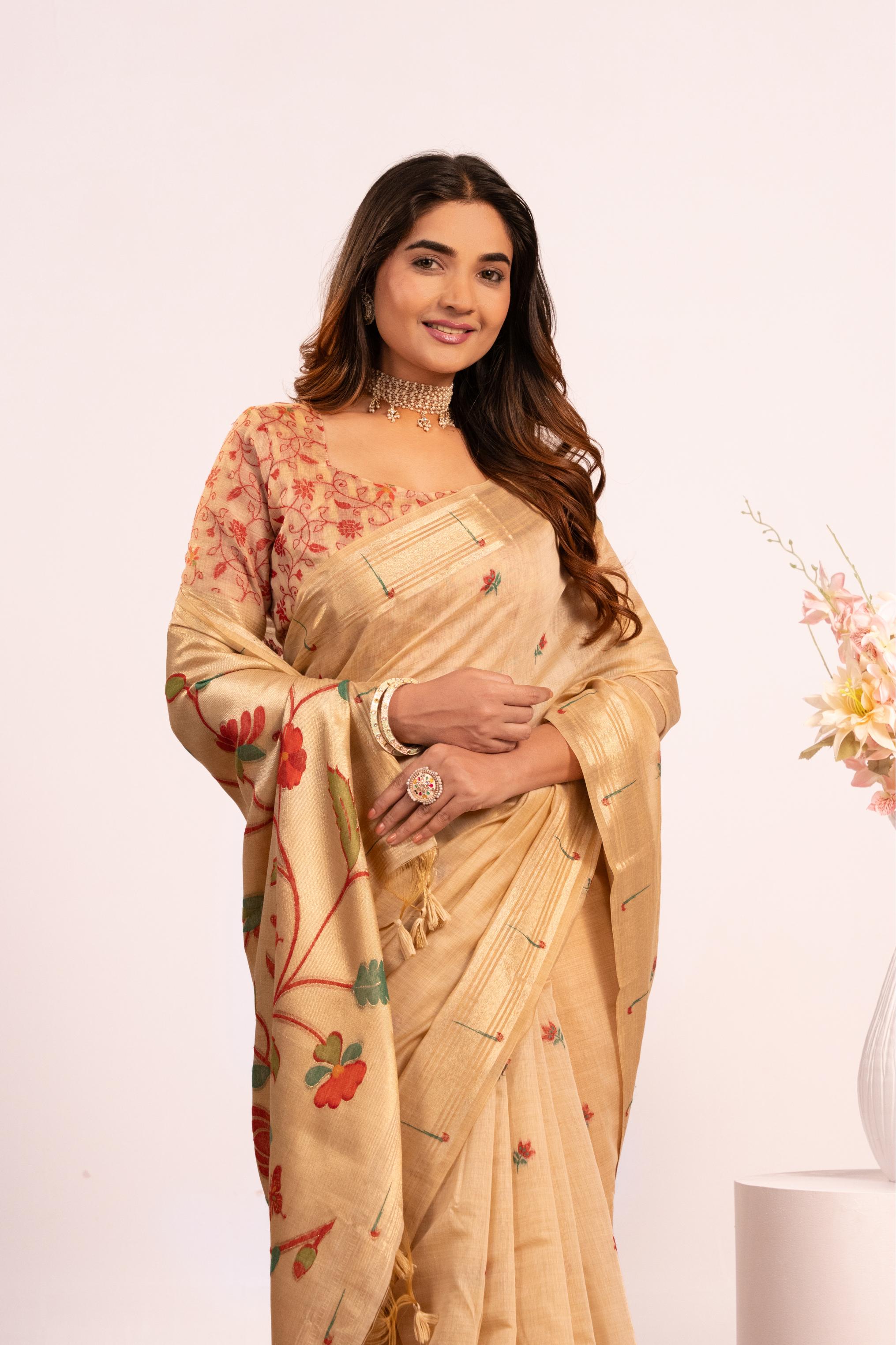 Chiku Muga Cotton Paithani Saree