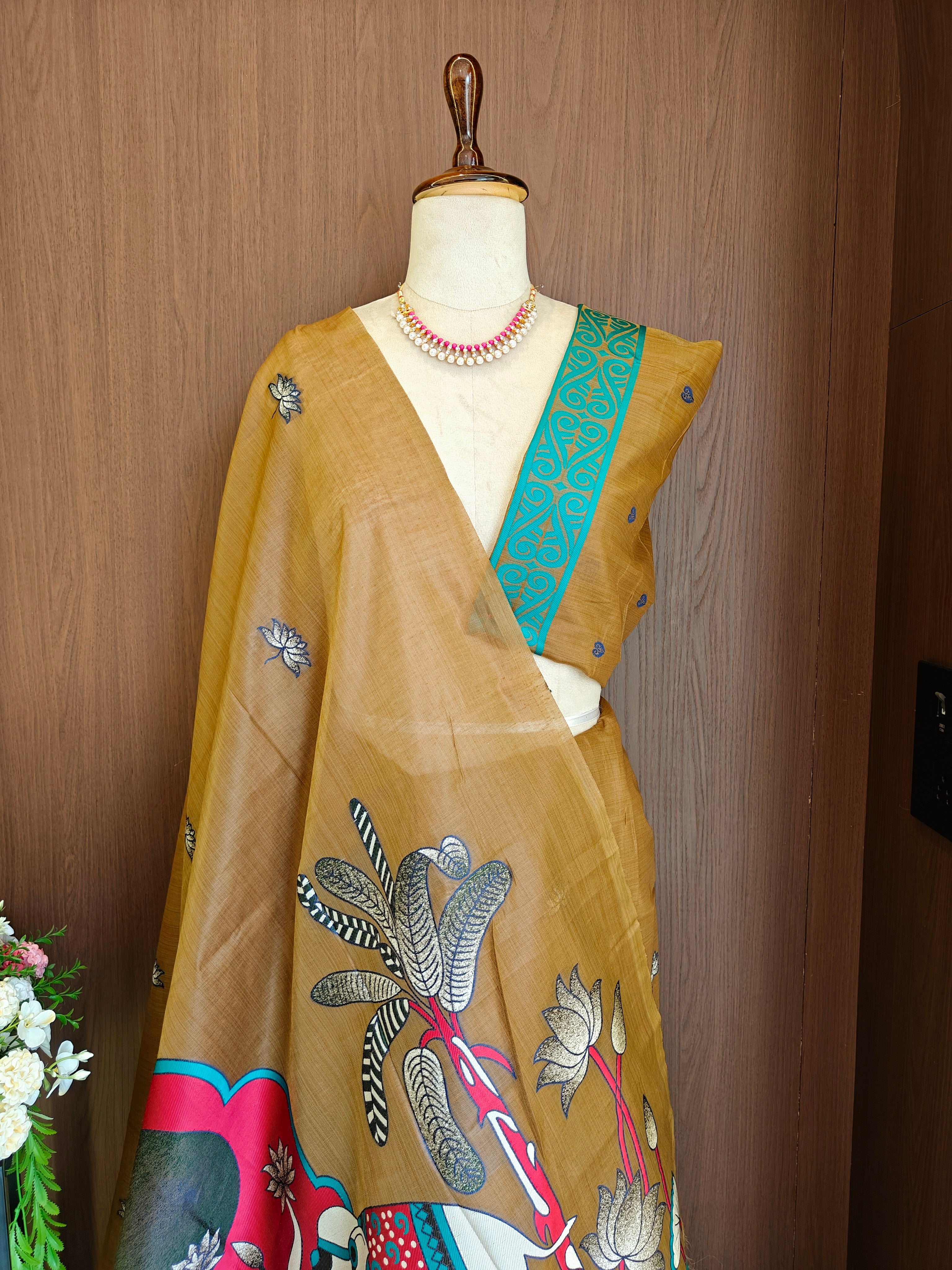 Coffee Rajwadi Woven Muga Cotton Saree