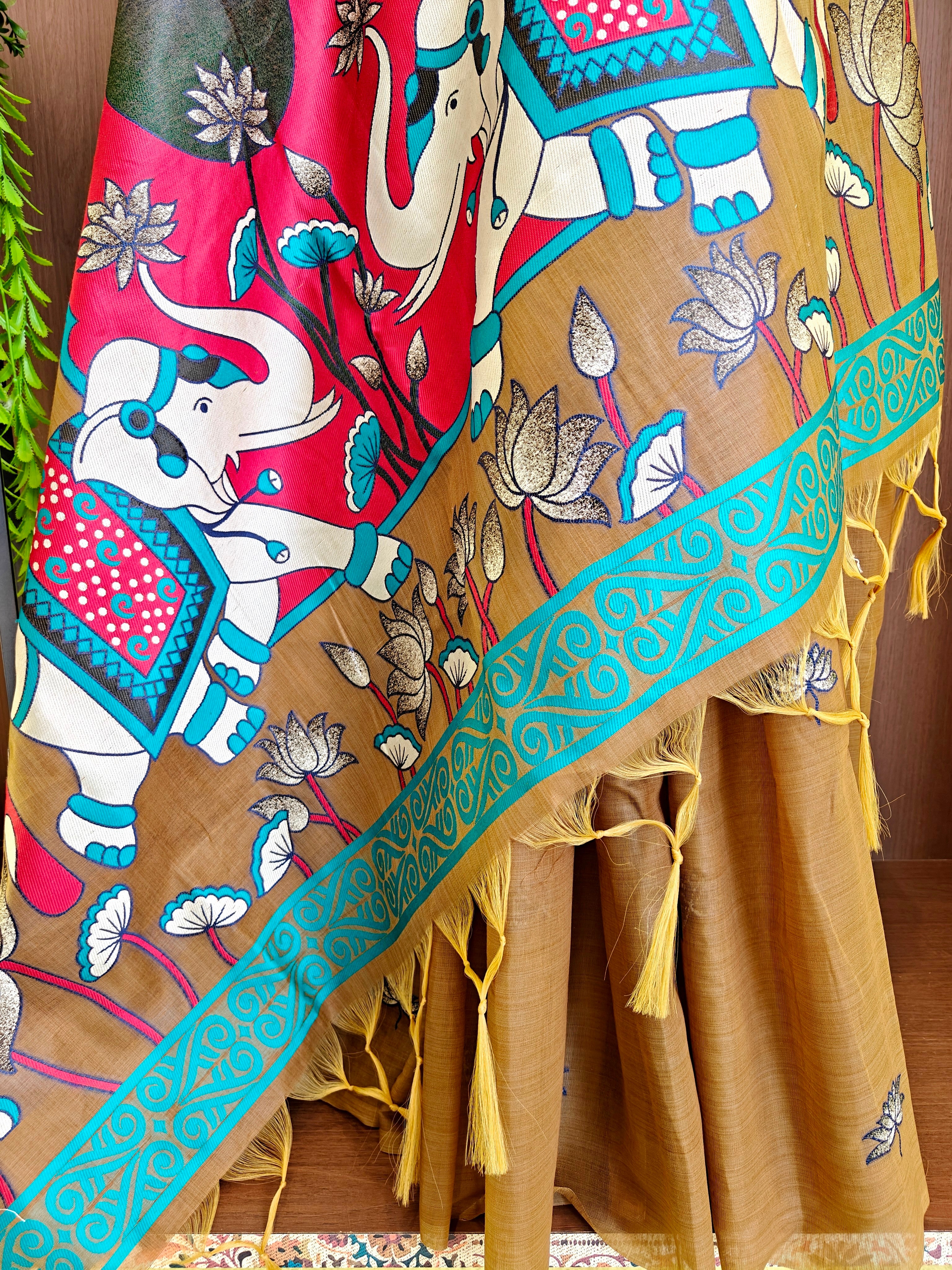 Coffee Rajwadi Woven Muga Cotton Saree