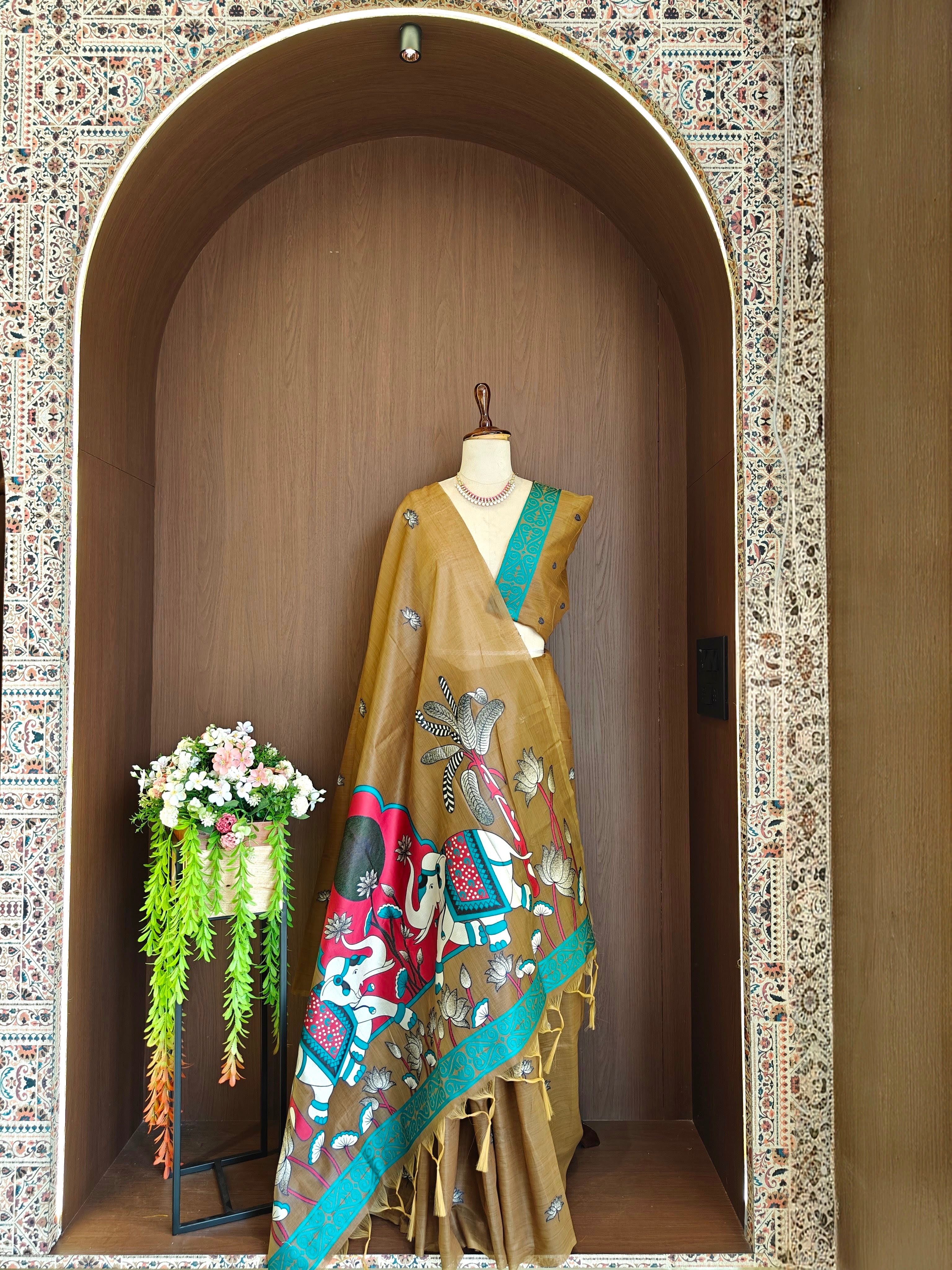 Coffee Rajwadi Woven Muga Cotton Saree