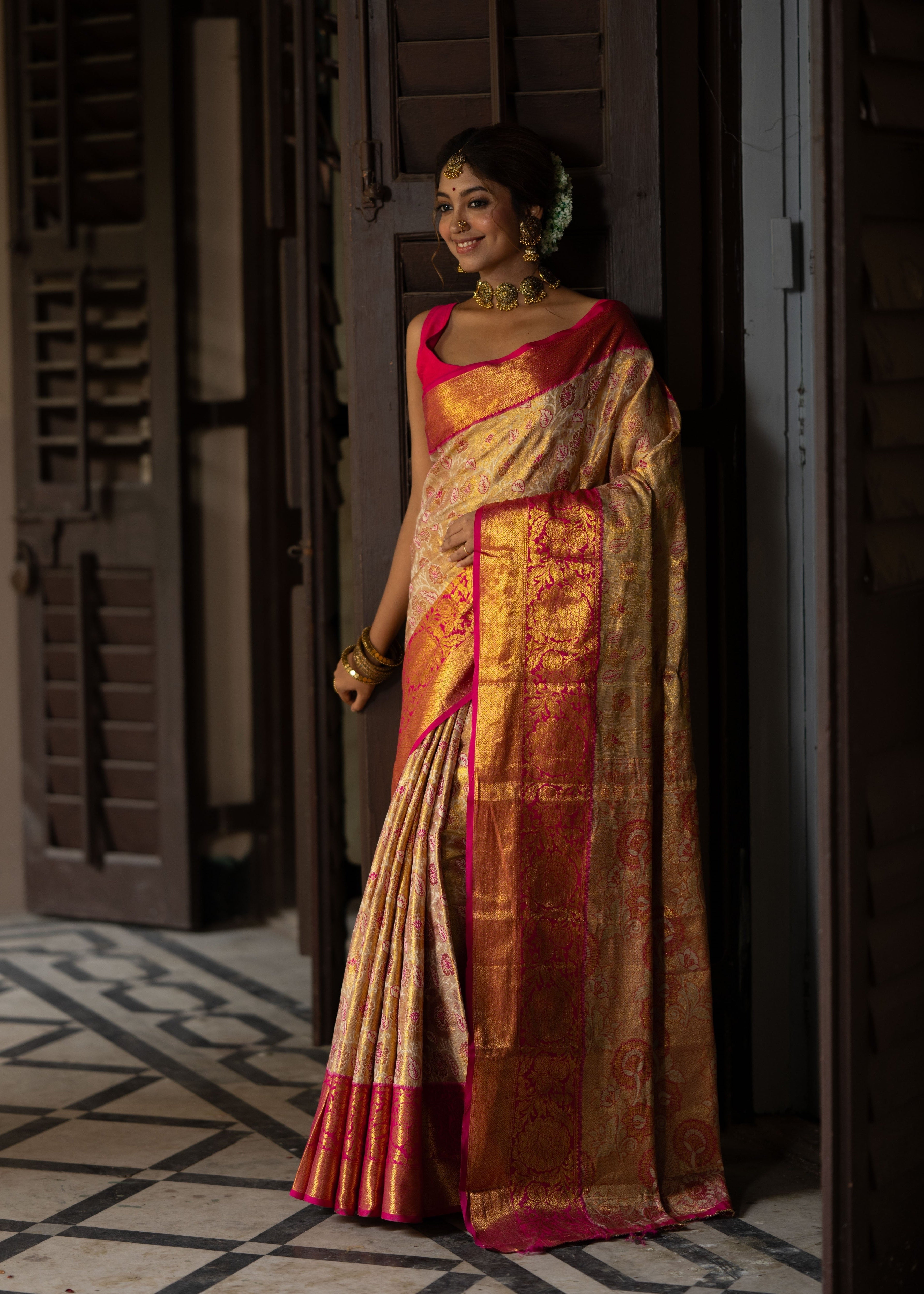 Cream & Rani Kanjivaram Semi Silk Saree