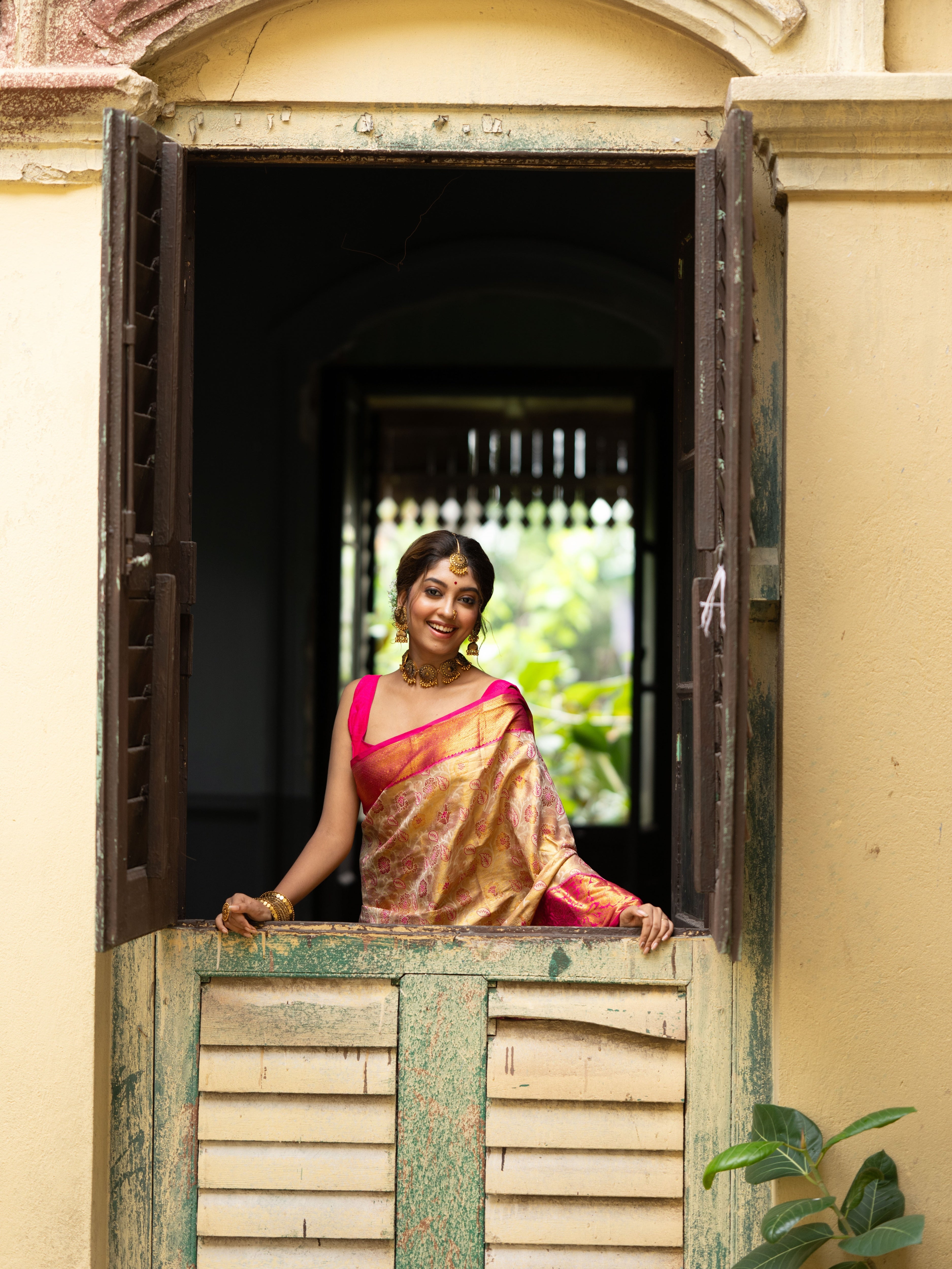 Cream & Rani Kanjivaram Semi Silk Saree