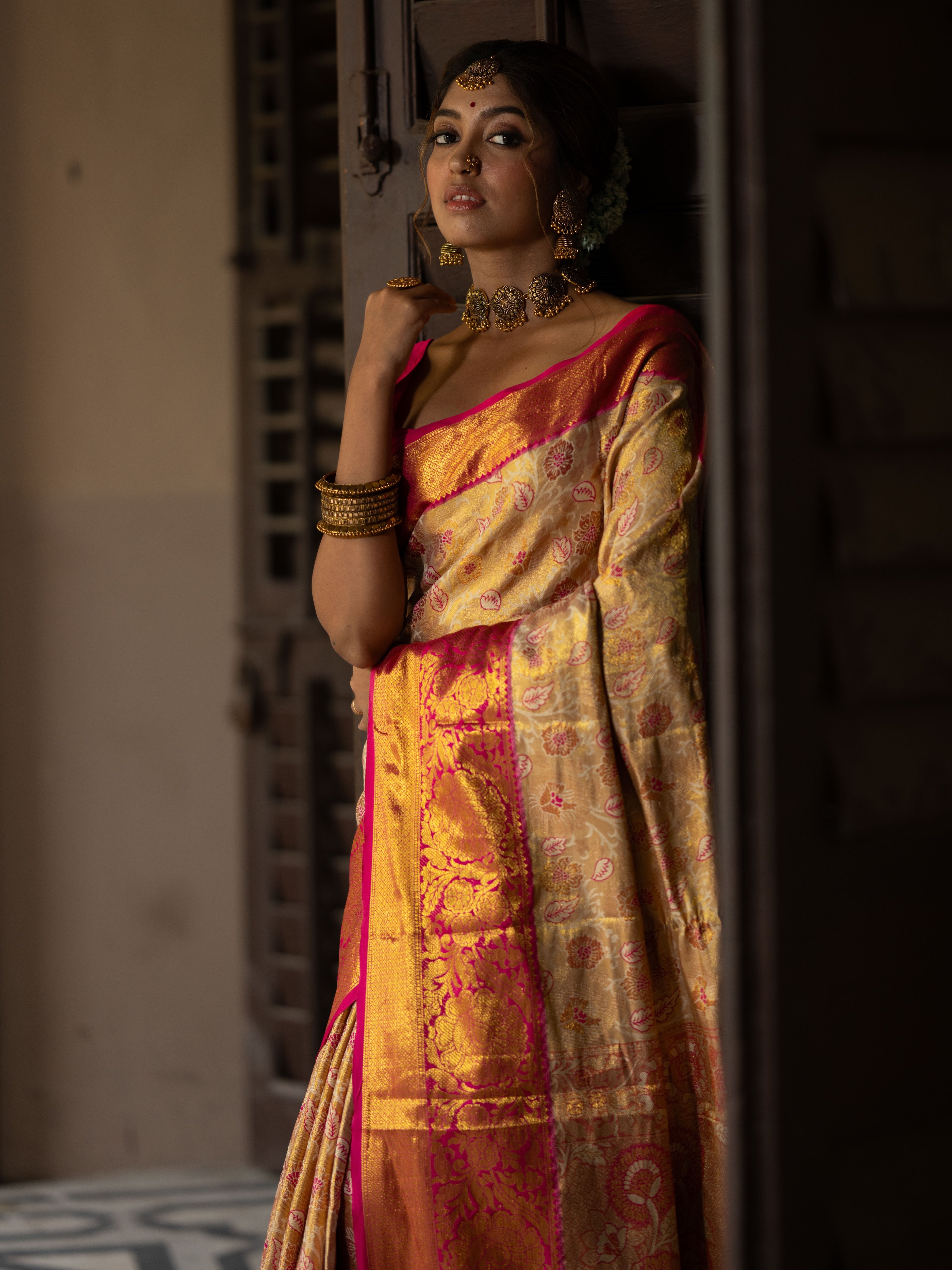 Cream & Rani Kanjivaram Semi Silk Saree