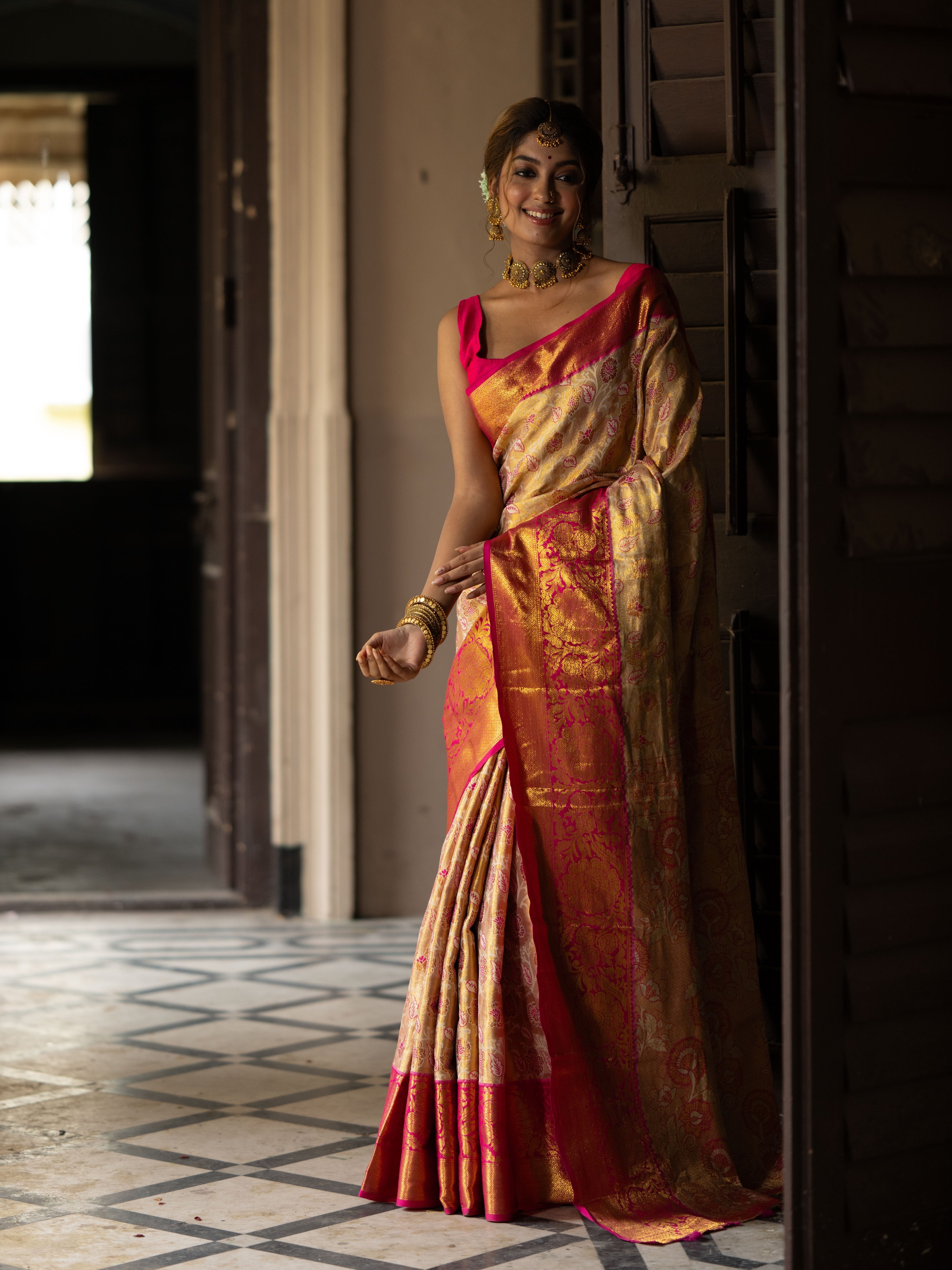 Cream & Rani Kanjivaram Semi Silk Saree