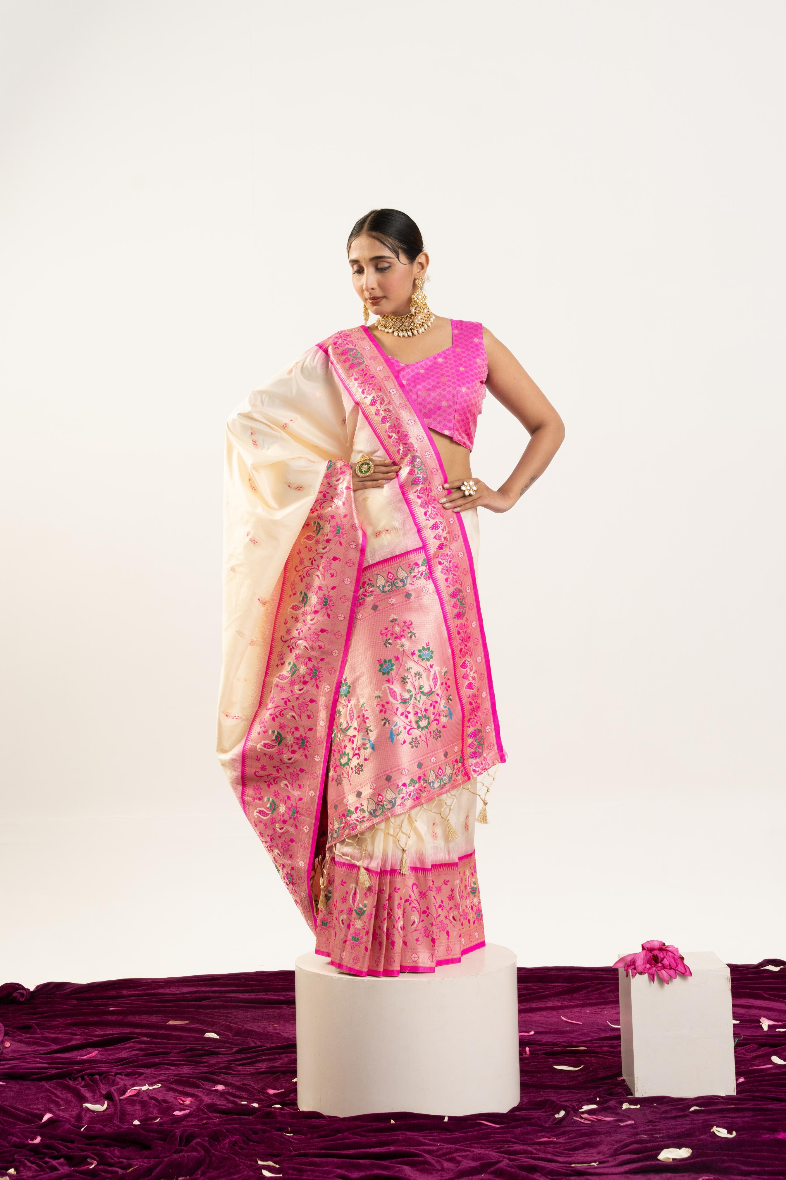 Cream Banarasi Silk Paithani Saree