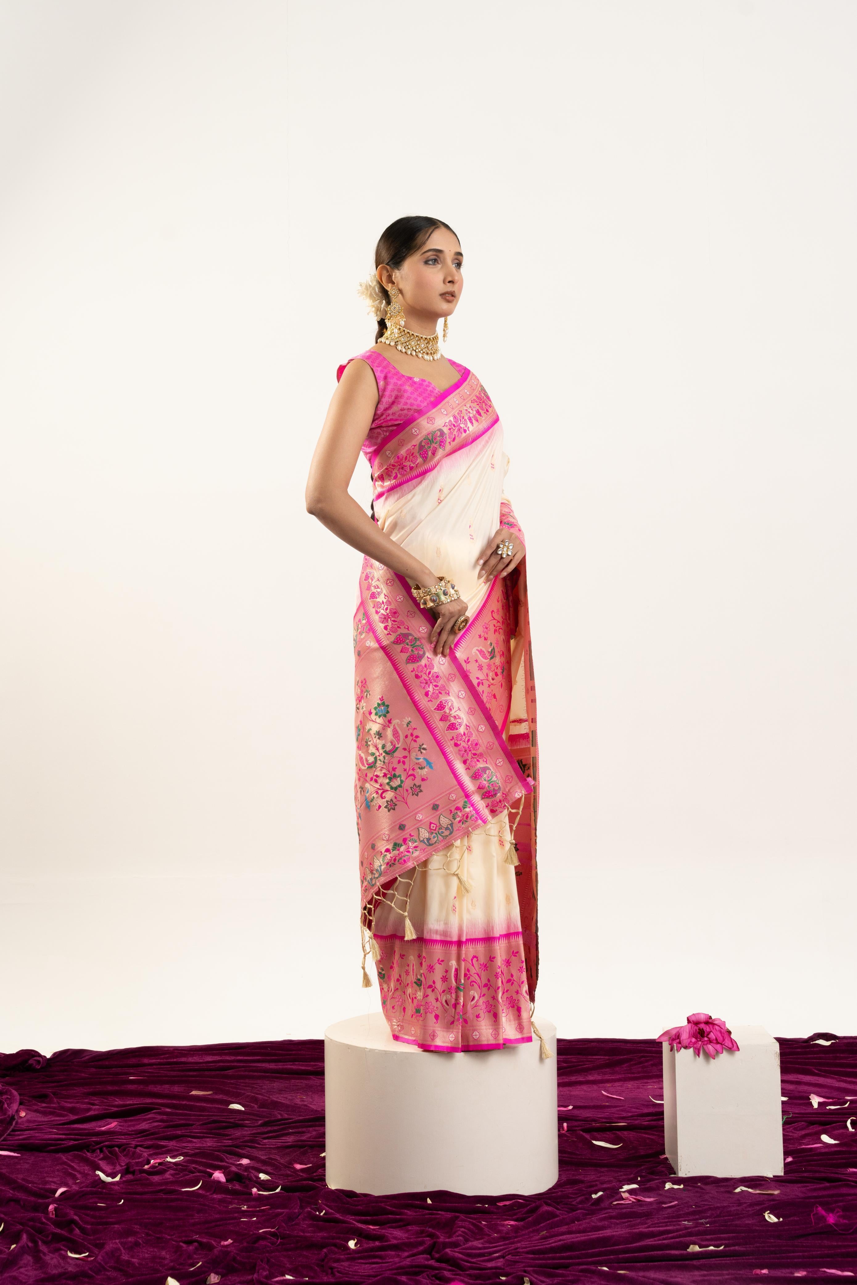 Cream Banarasi Silk Paithani Saree