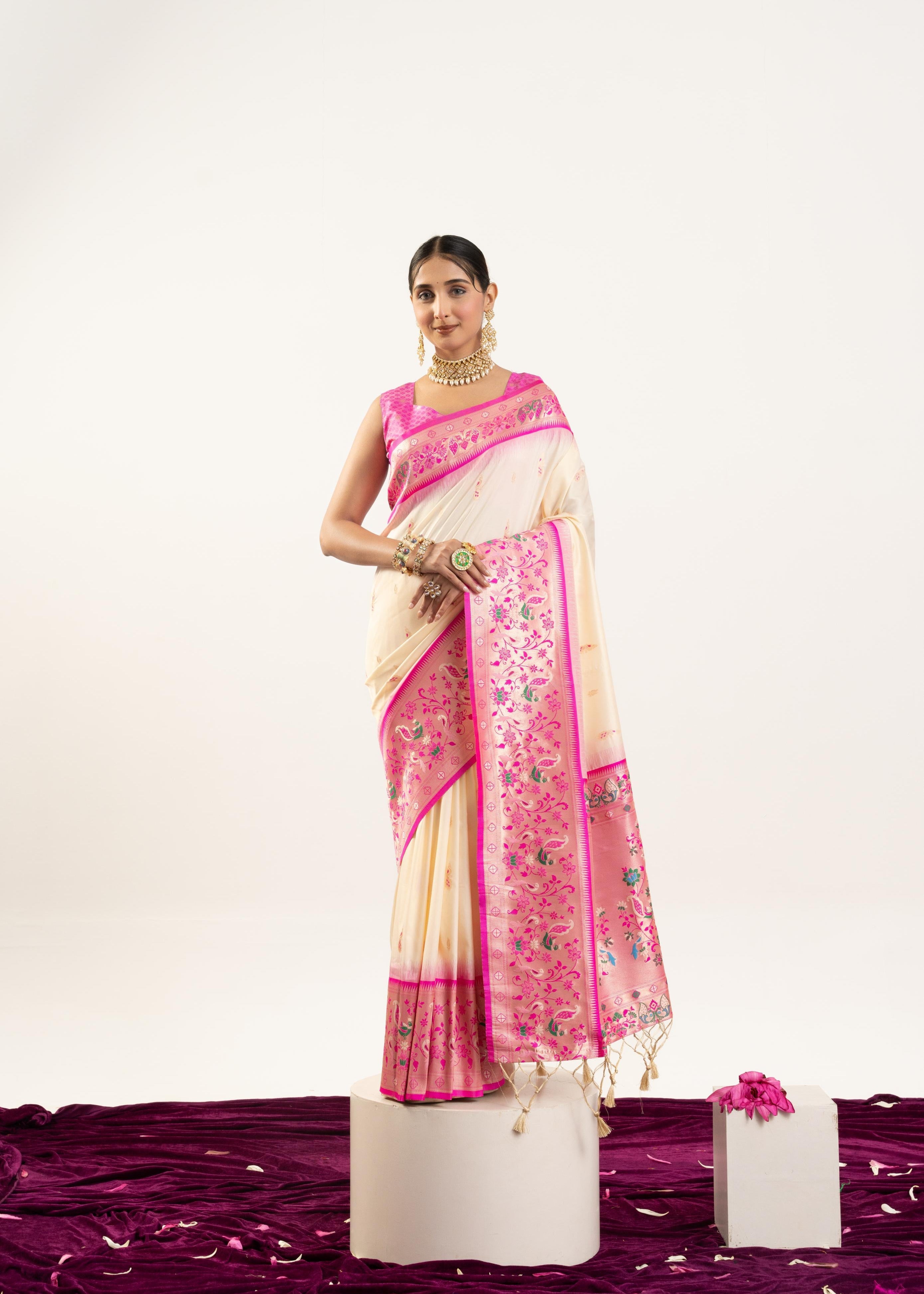 Cream Banarasi Silk Paithani Saree