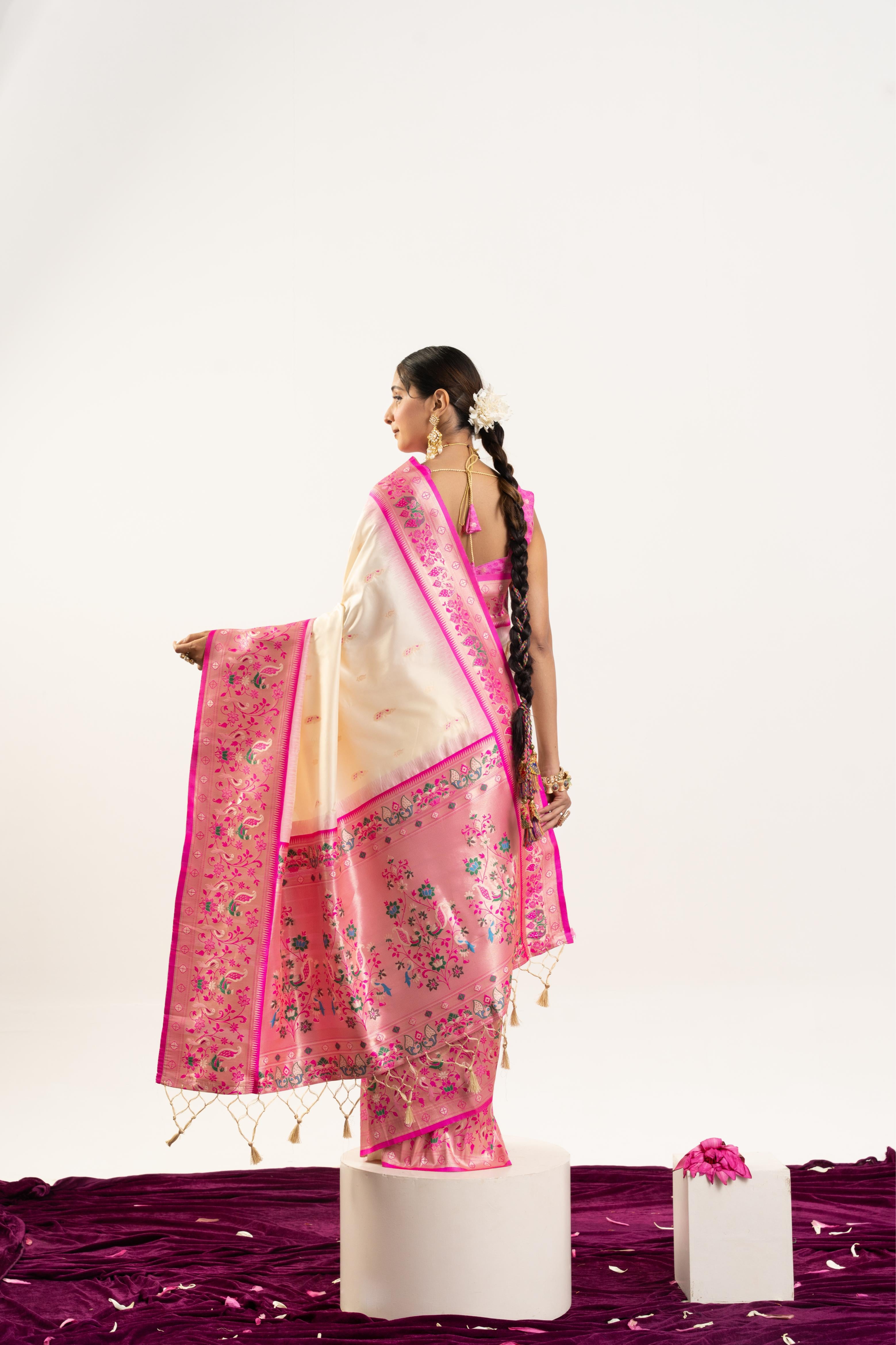 Cream Banarasi Silk Paithani Saree