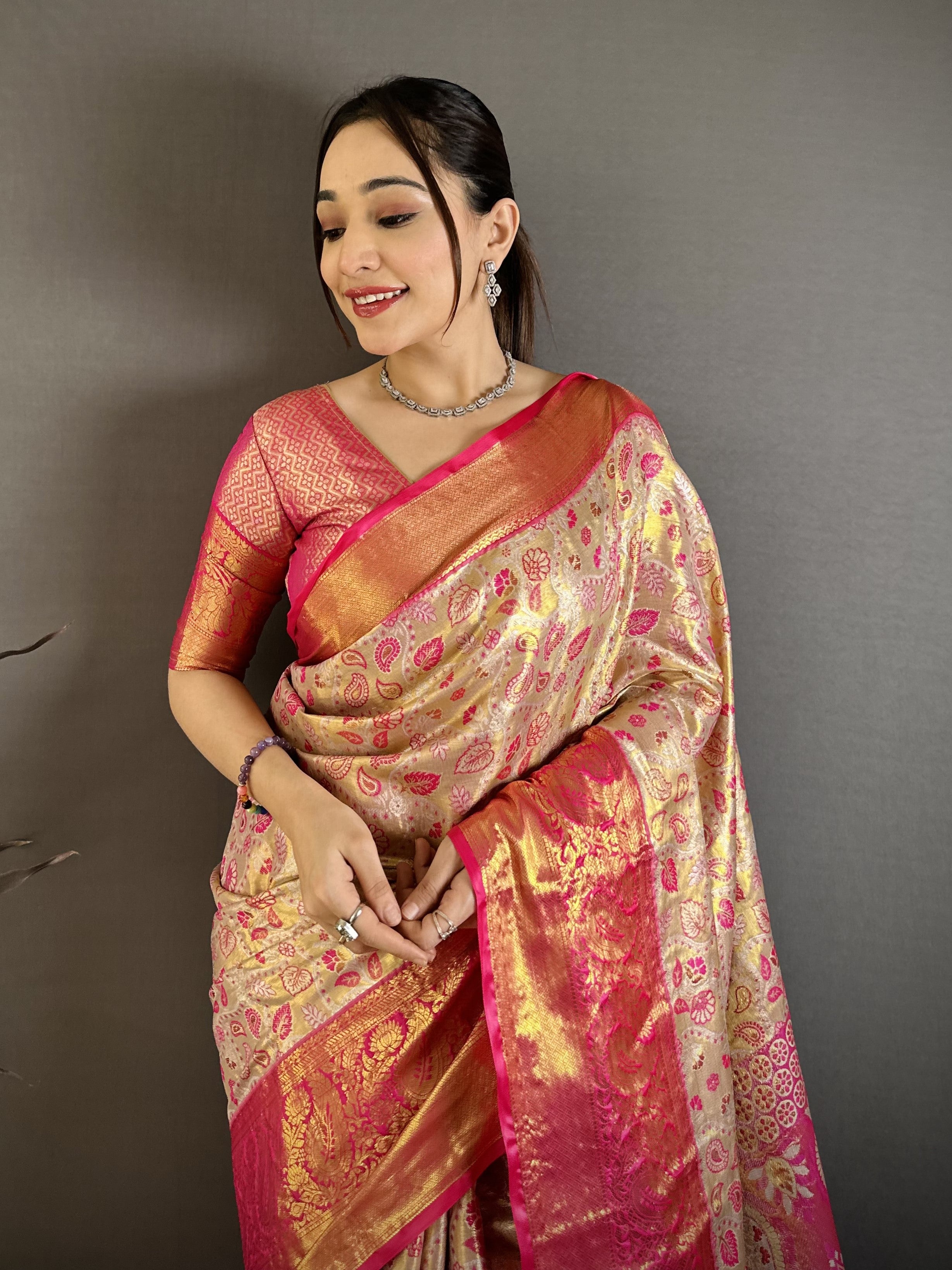 Cream & Dark Pink Bridal Kanjivaram Silk Saree