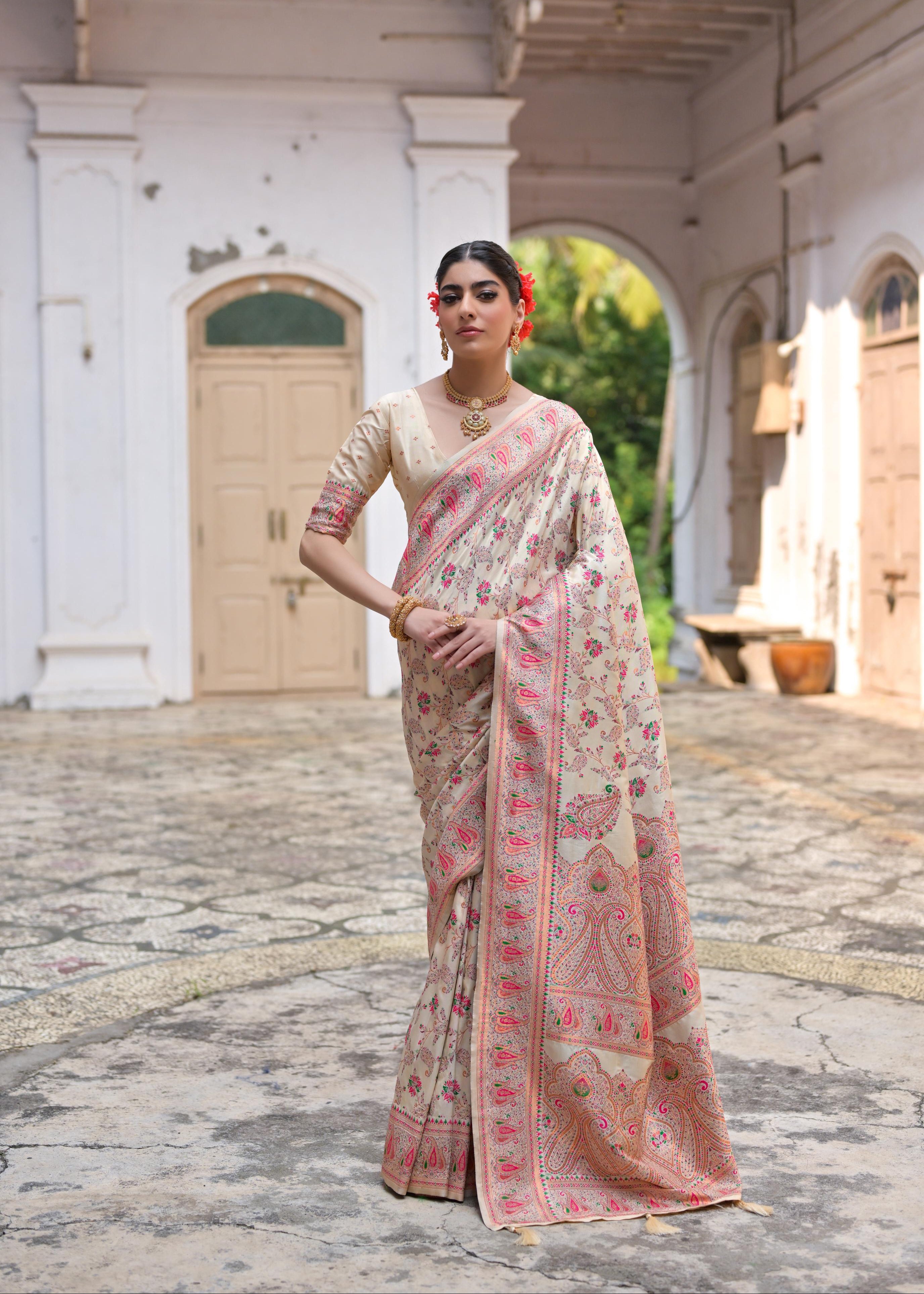 Cream Pashmina Silk Saree