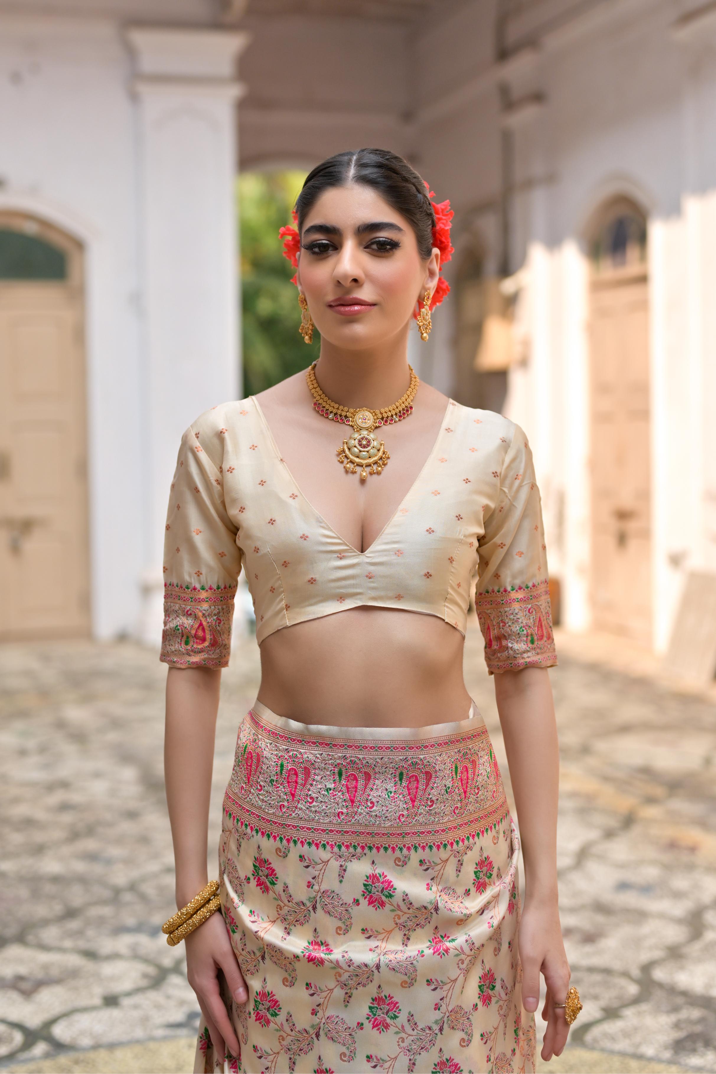 Cream Pashmina Silk Saree