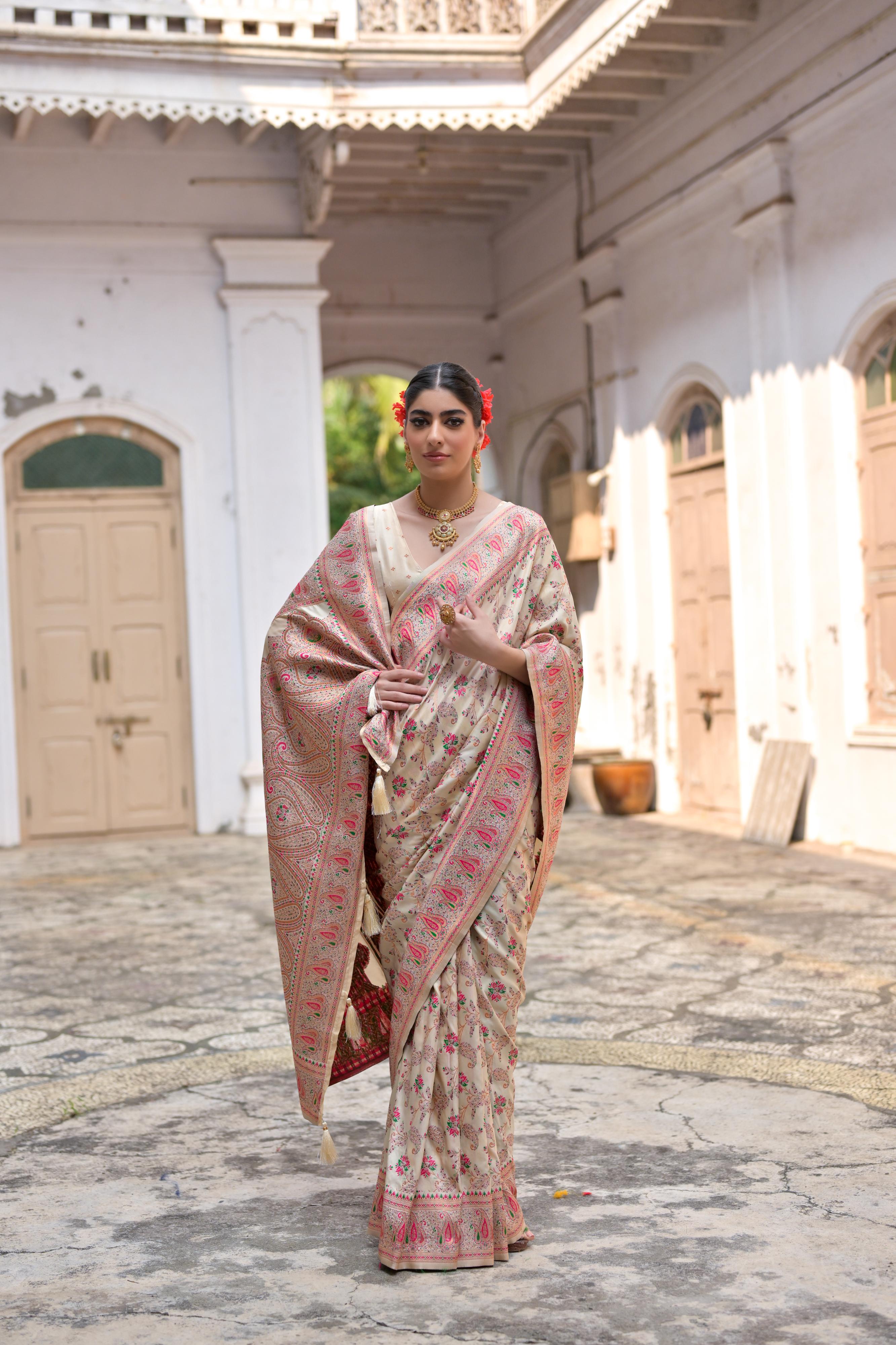 Cream Pashmina Silk Saree