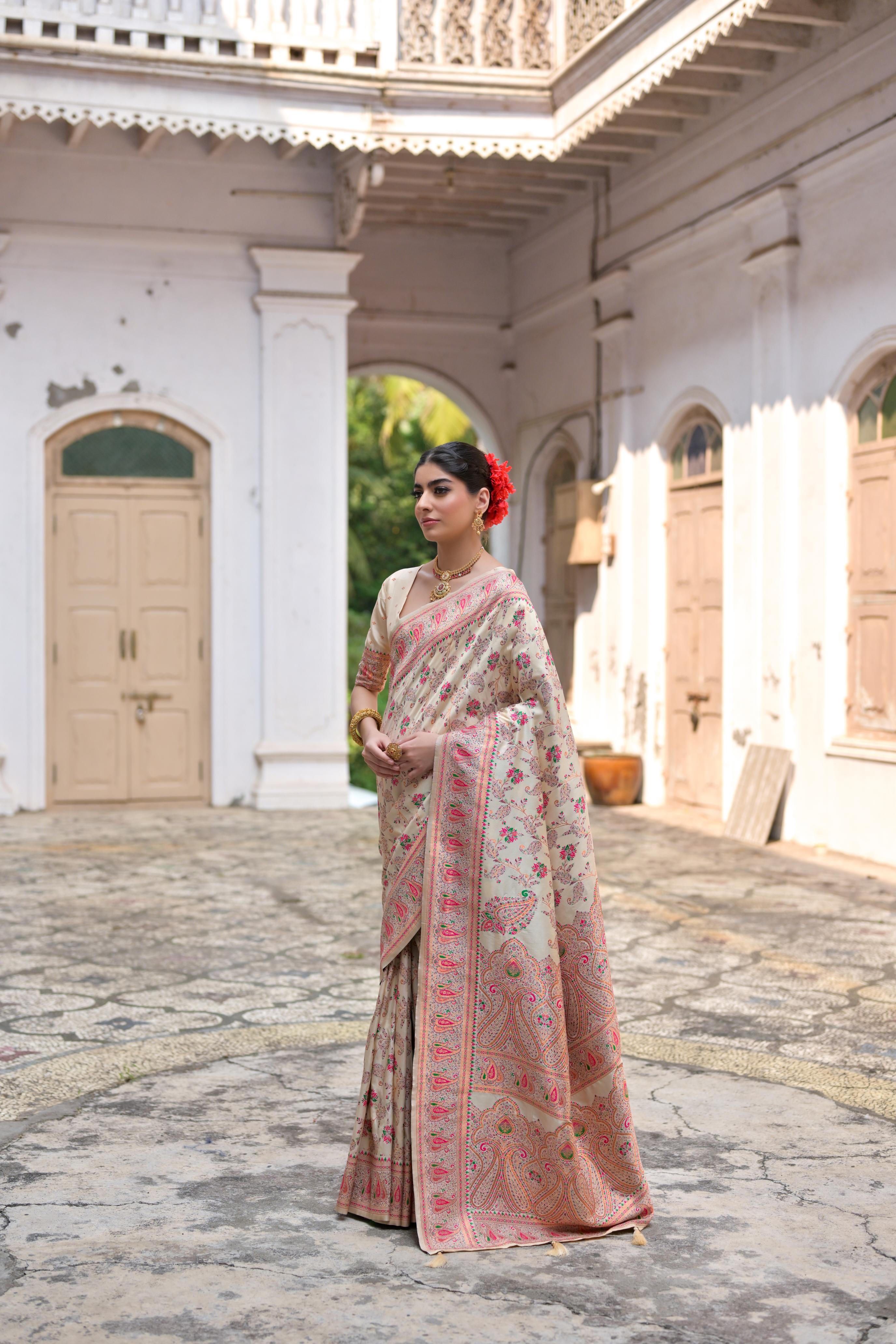 Cream Pashmina Silk Saree