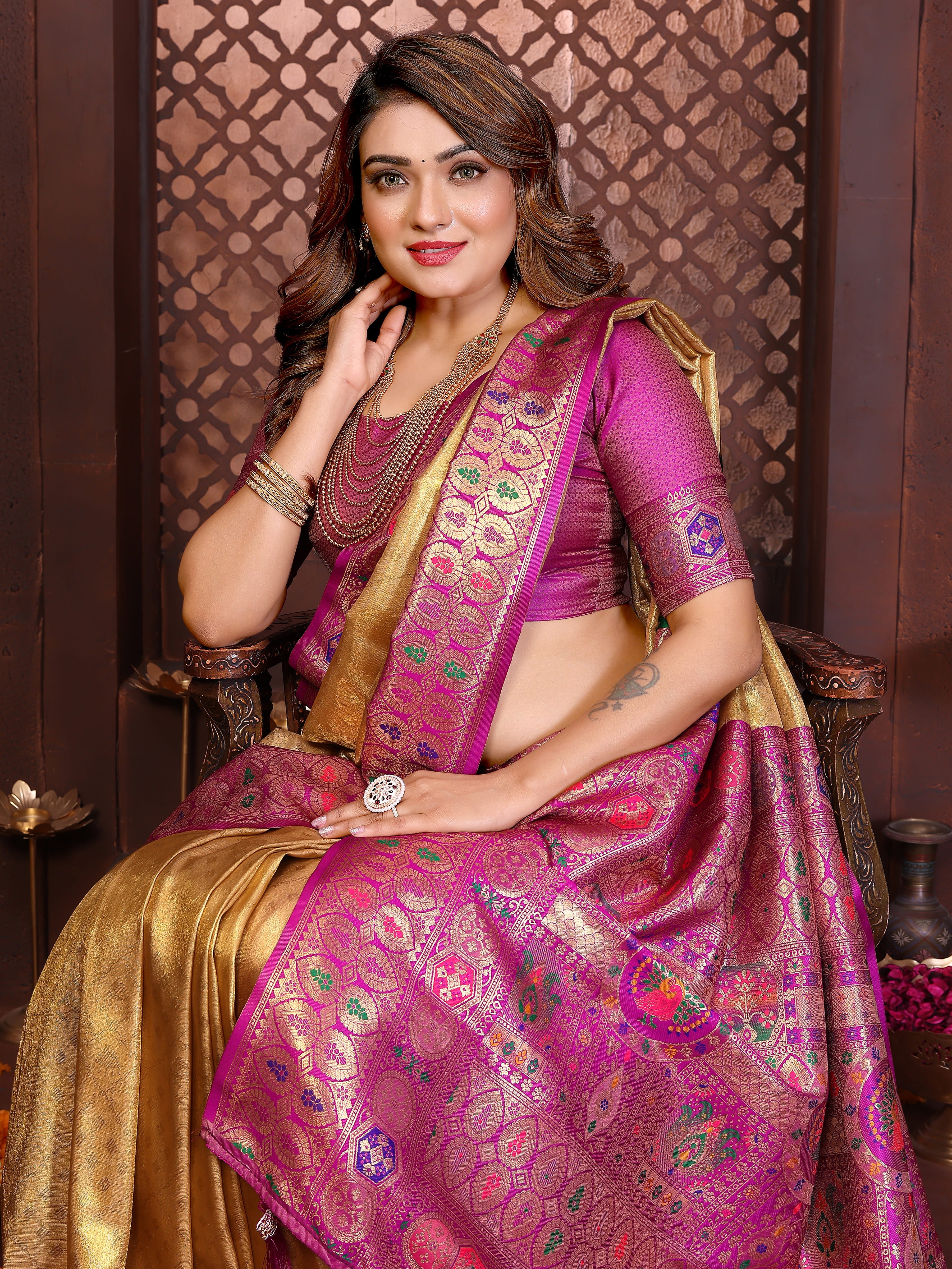 Cream & Rani Banarasi Tissue Silk Saree
