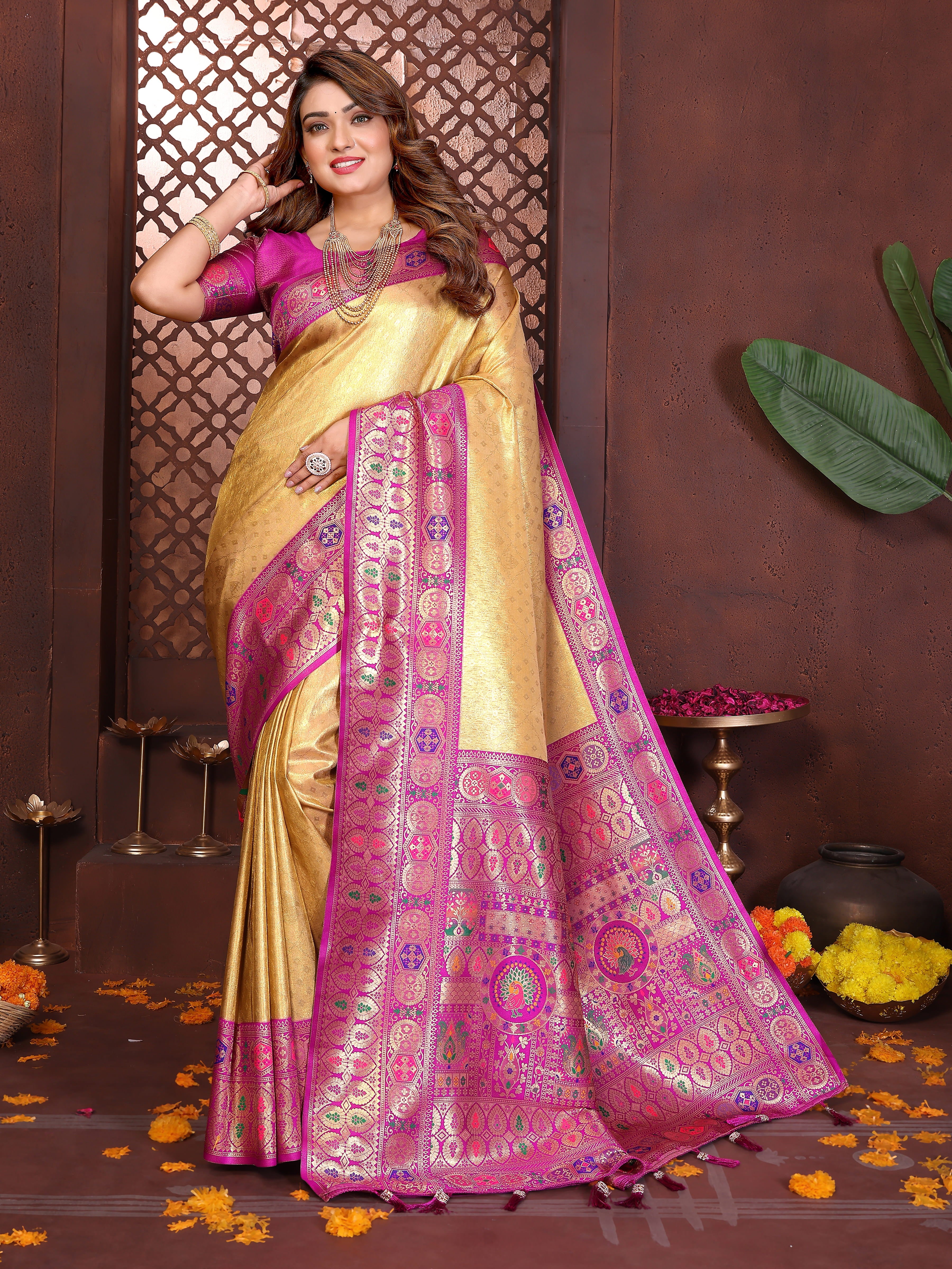 Cream & Rani Banarasi Tissue Silk Saree