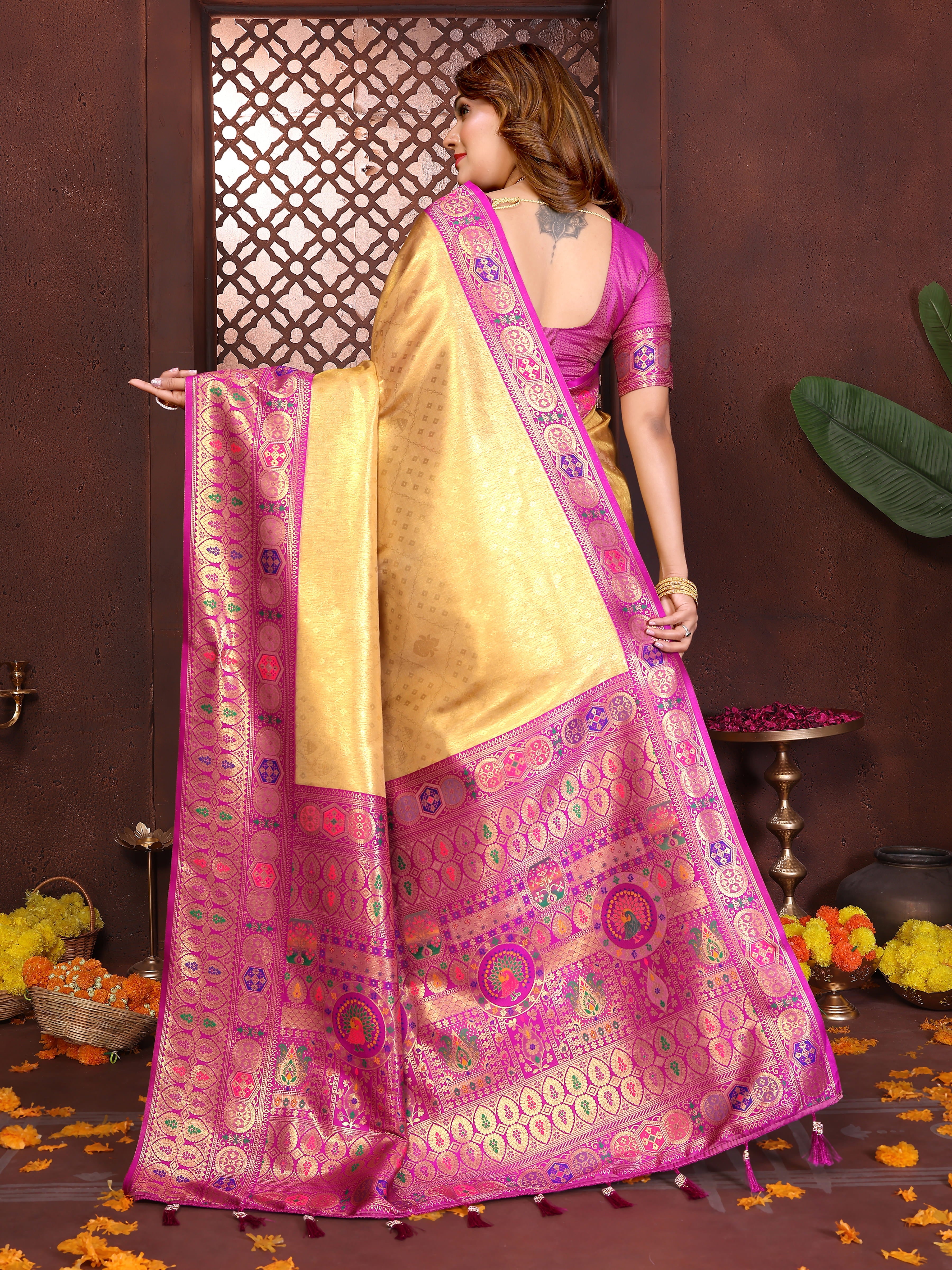 Cream & Rani Banarasi Tissue Silk Saree