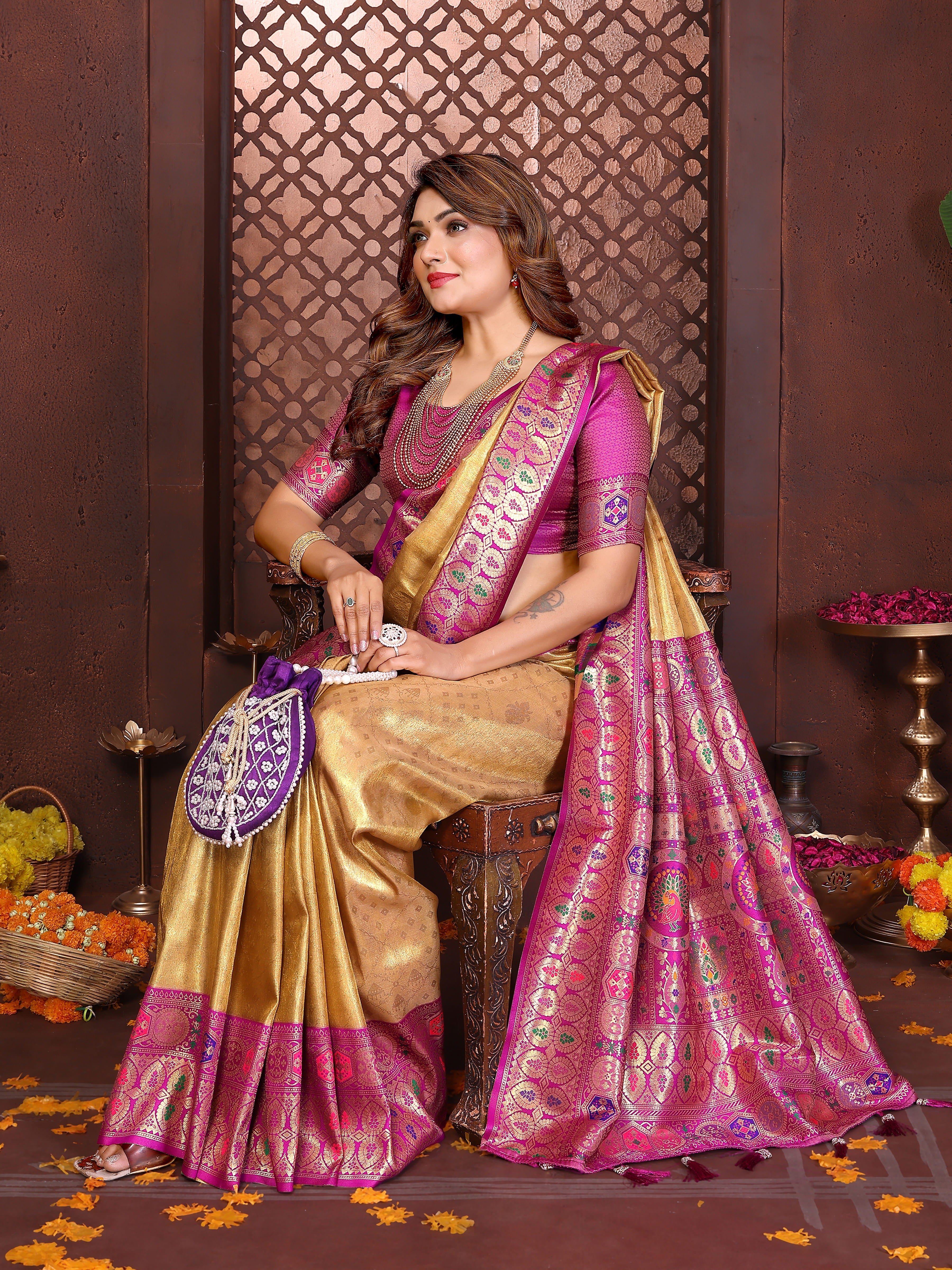 Cream & Rani Banarasi Tissue Silk Saree