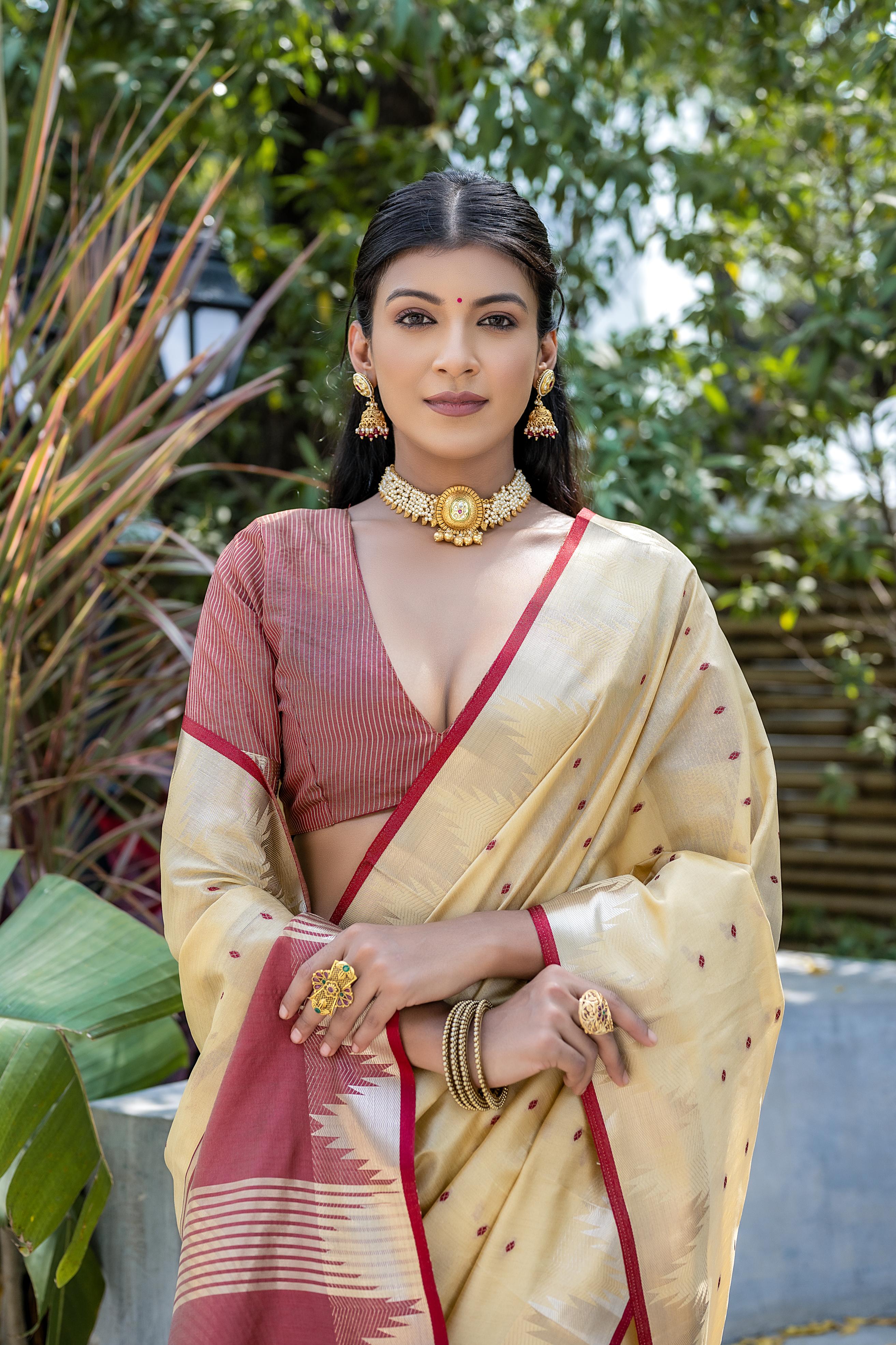Cream Tussar Silk Saree
