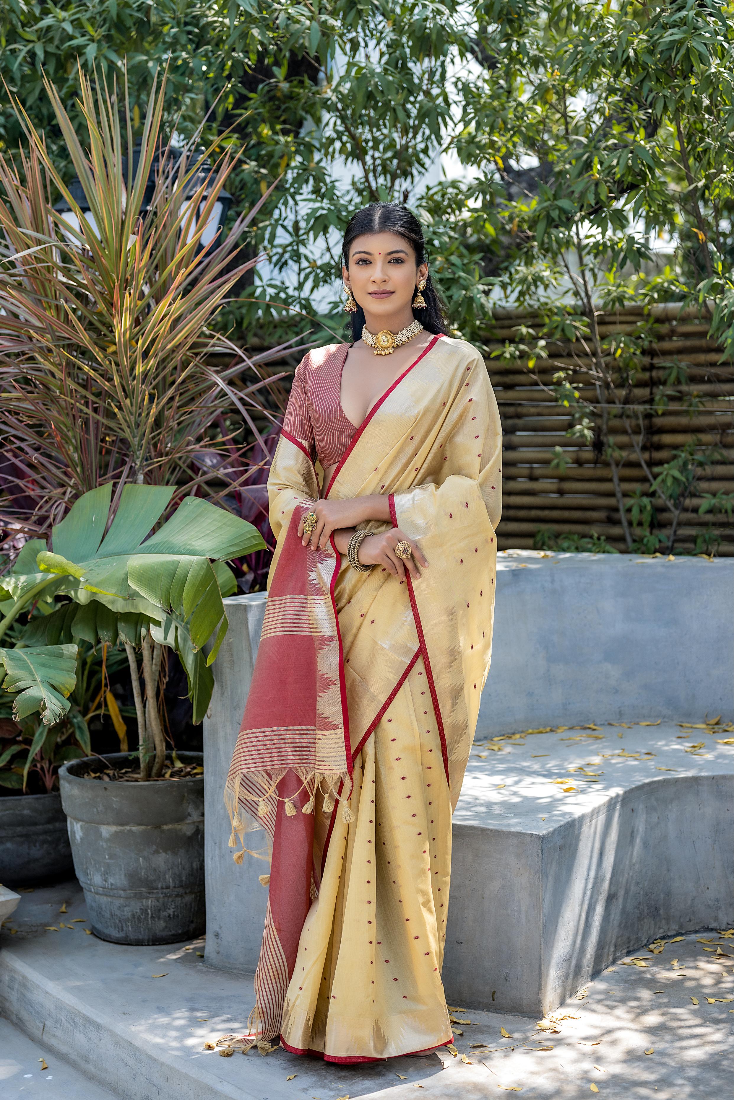 Cream Tussar Silk Saree