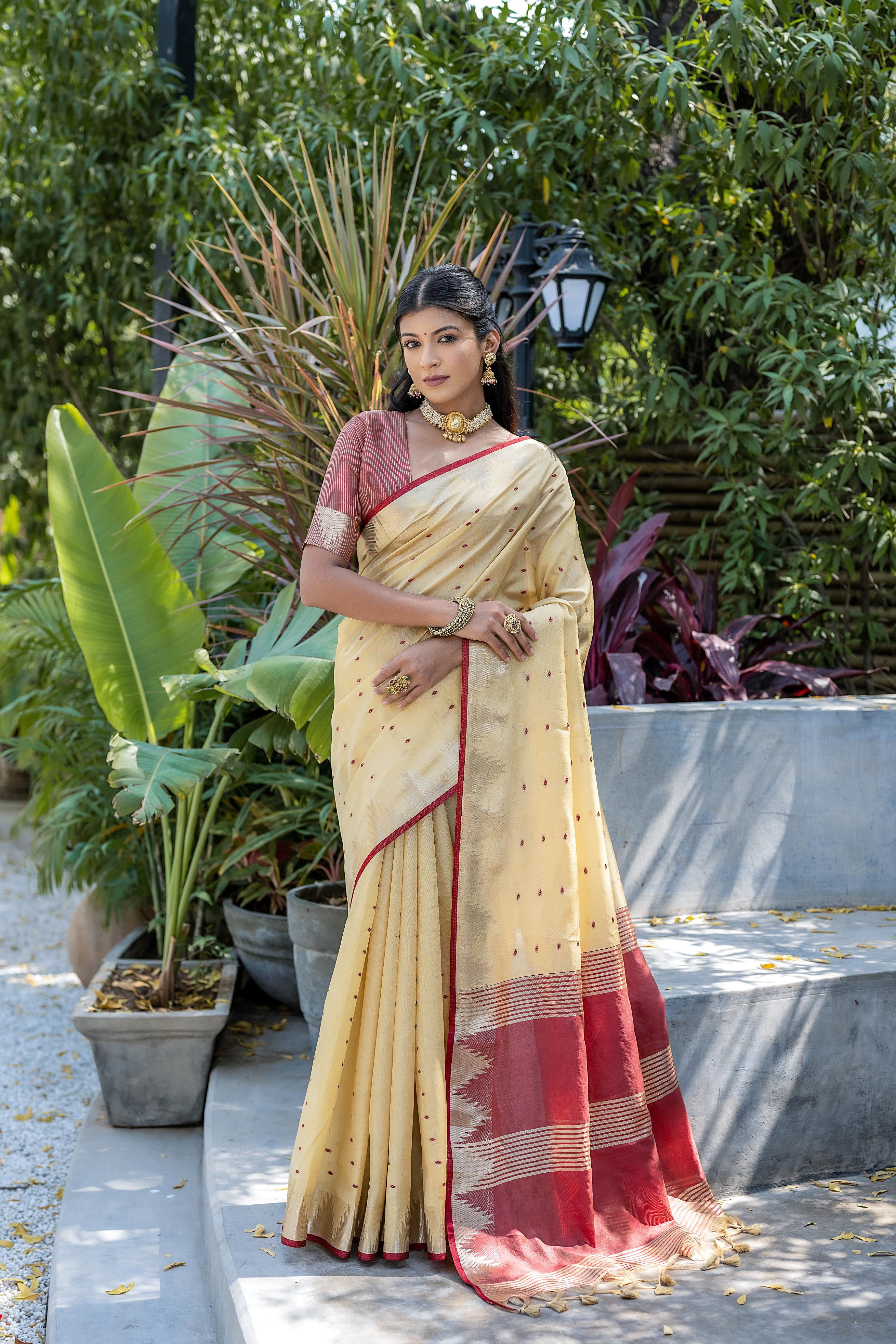 Cream Tussar Silk Saree